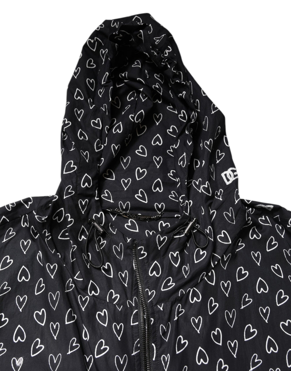Black Heart Print Hooded Windbreaker Jacket