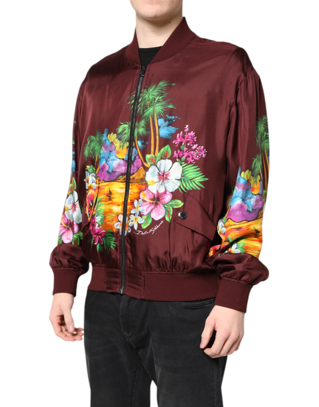 Maroon Floral Print Full Zip Bomber Jacket