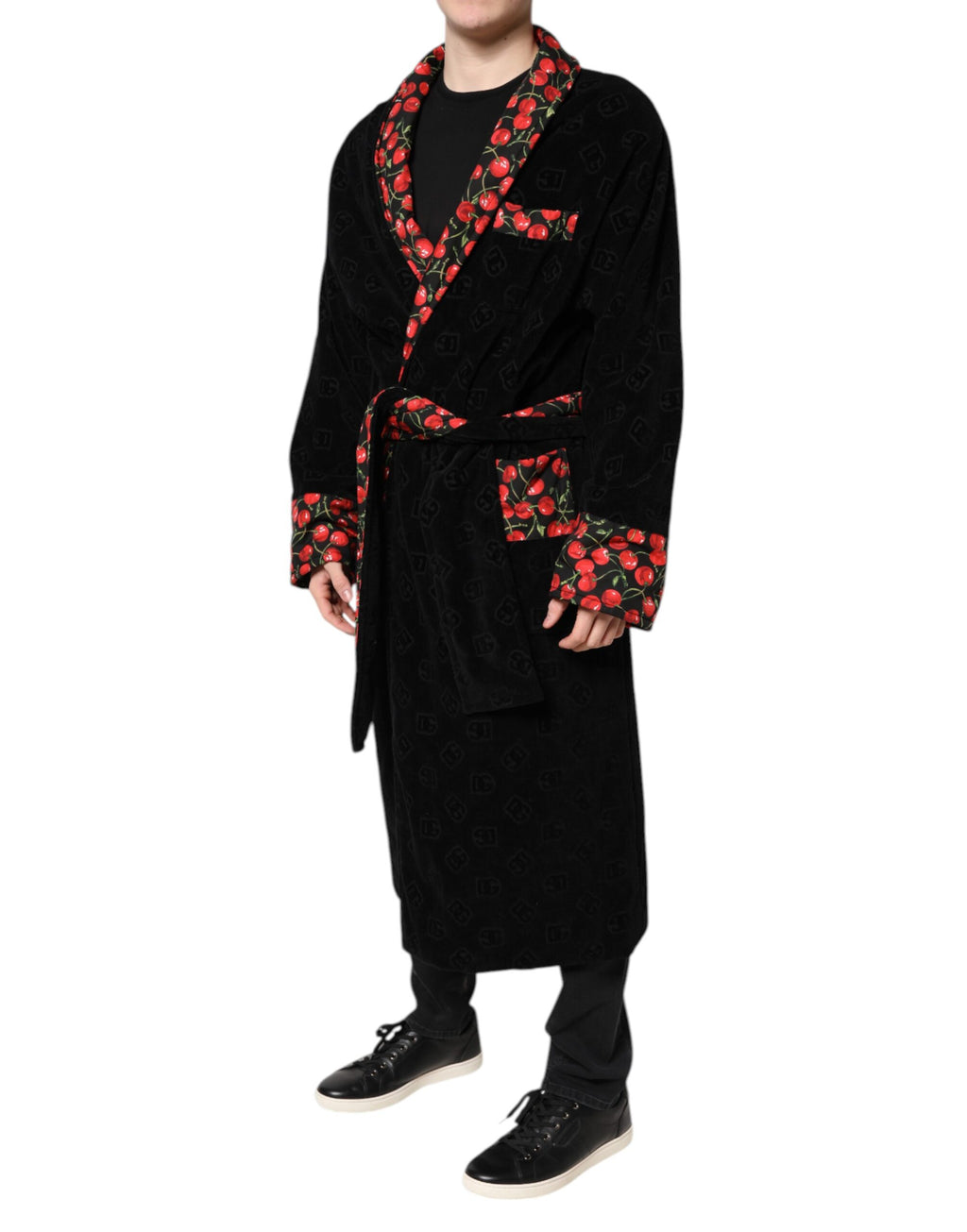 Black Cherry Print Wrap Robe Men Coat Jacket