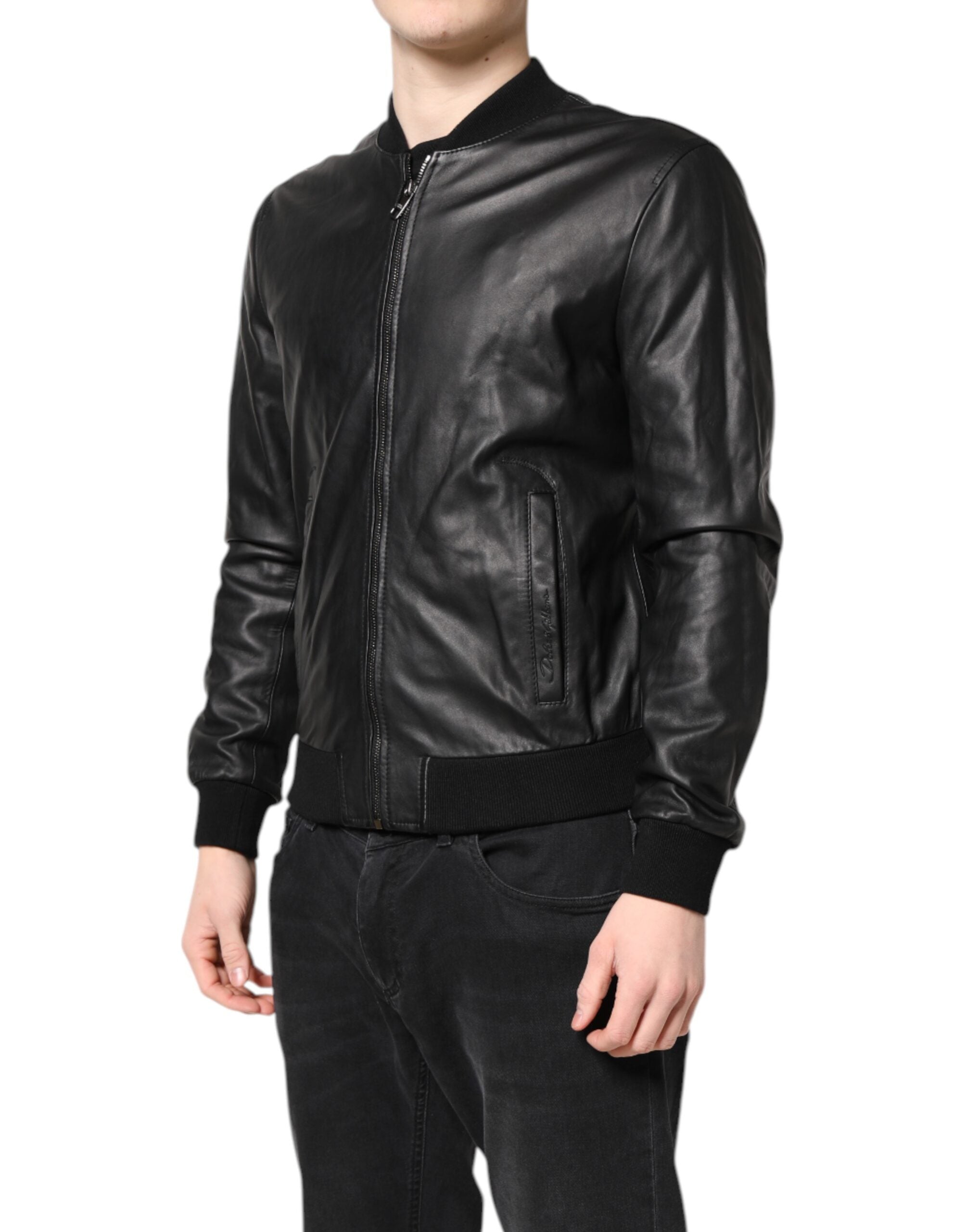 Black Lambskin Leather Full Zip Biker Jacket
