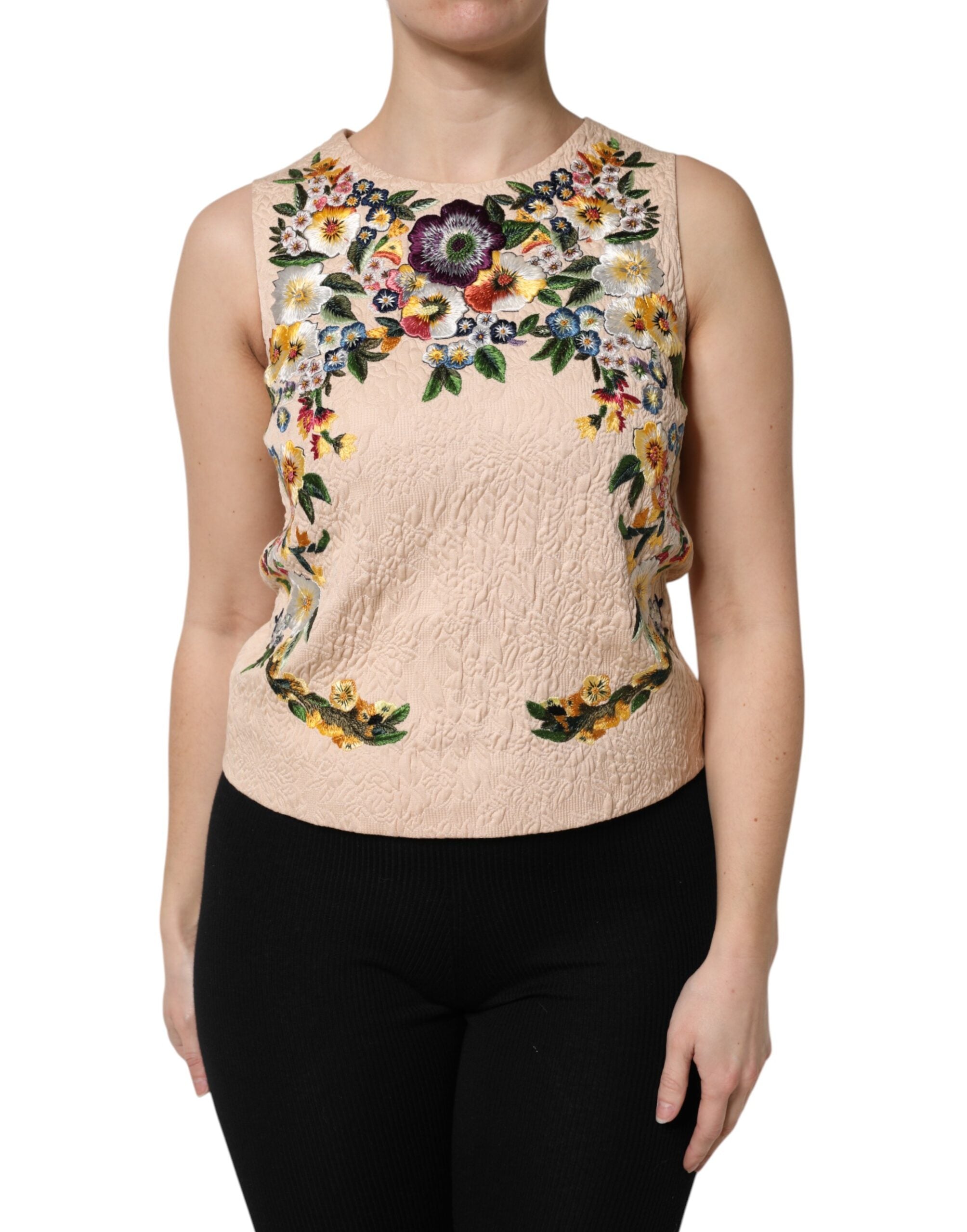 Beige Floral Embroidery Sleeveless Tank Top