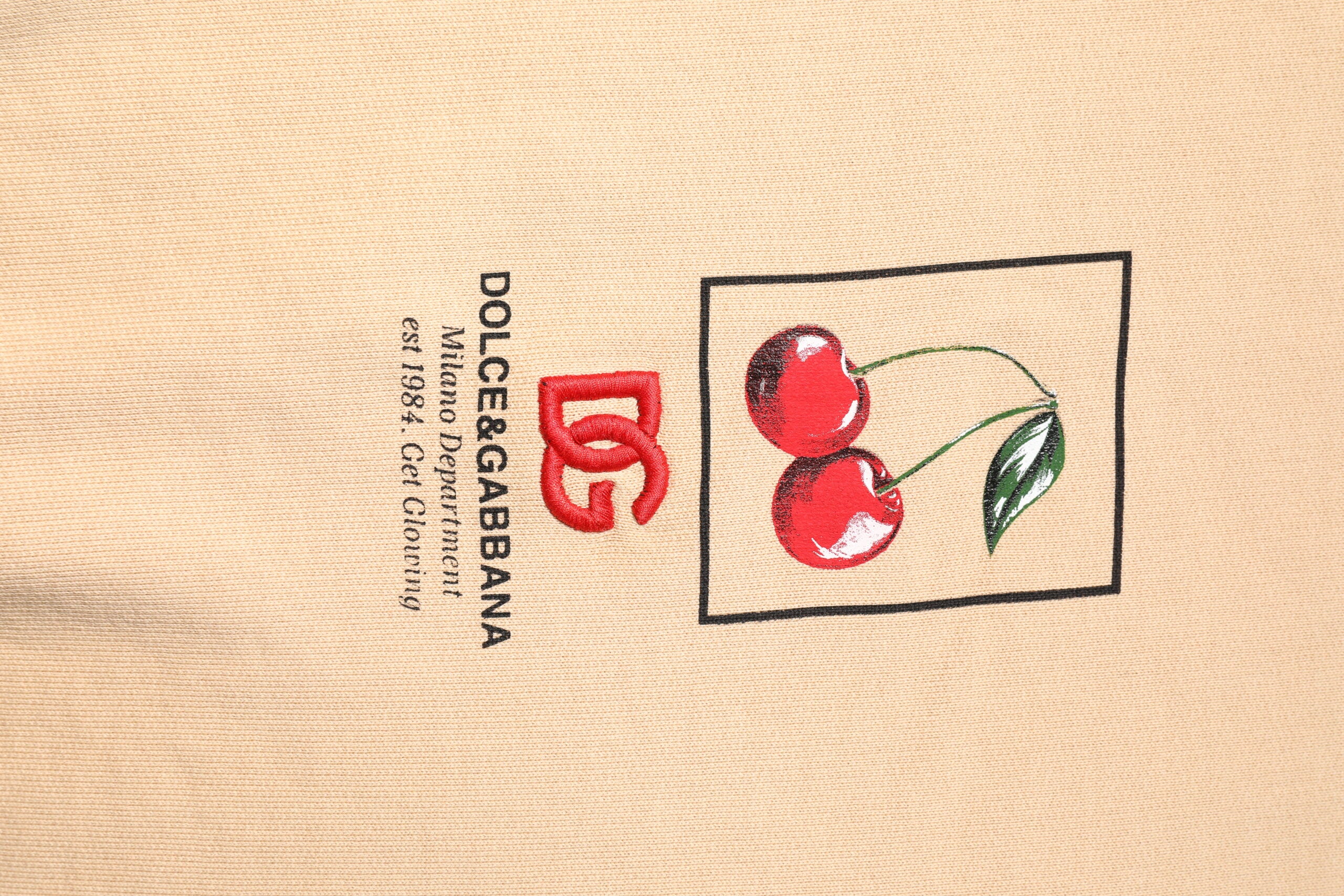 Beige Cherry Print Crew Neck Pullover Sweater