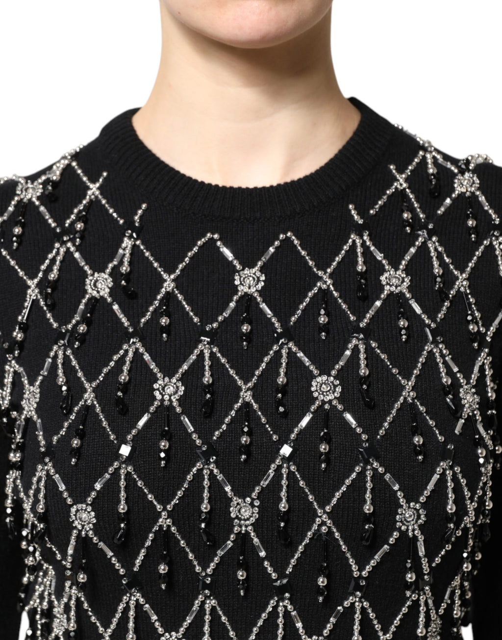 Black Cashmere Embellished Long Sleeves Top