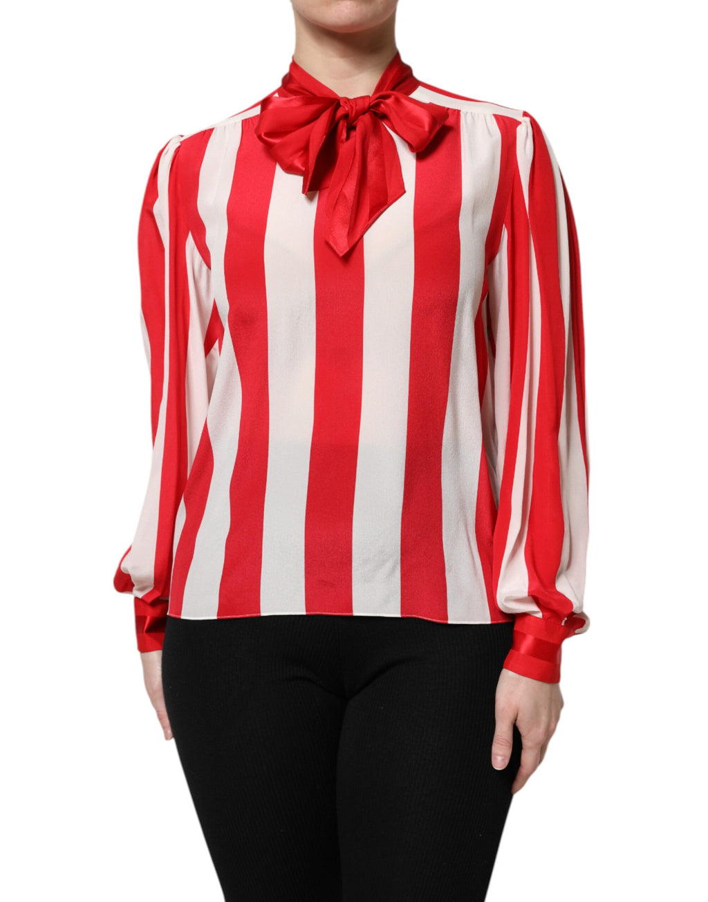 Red White Stripes Ascot Collar Blouse Top