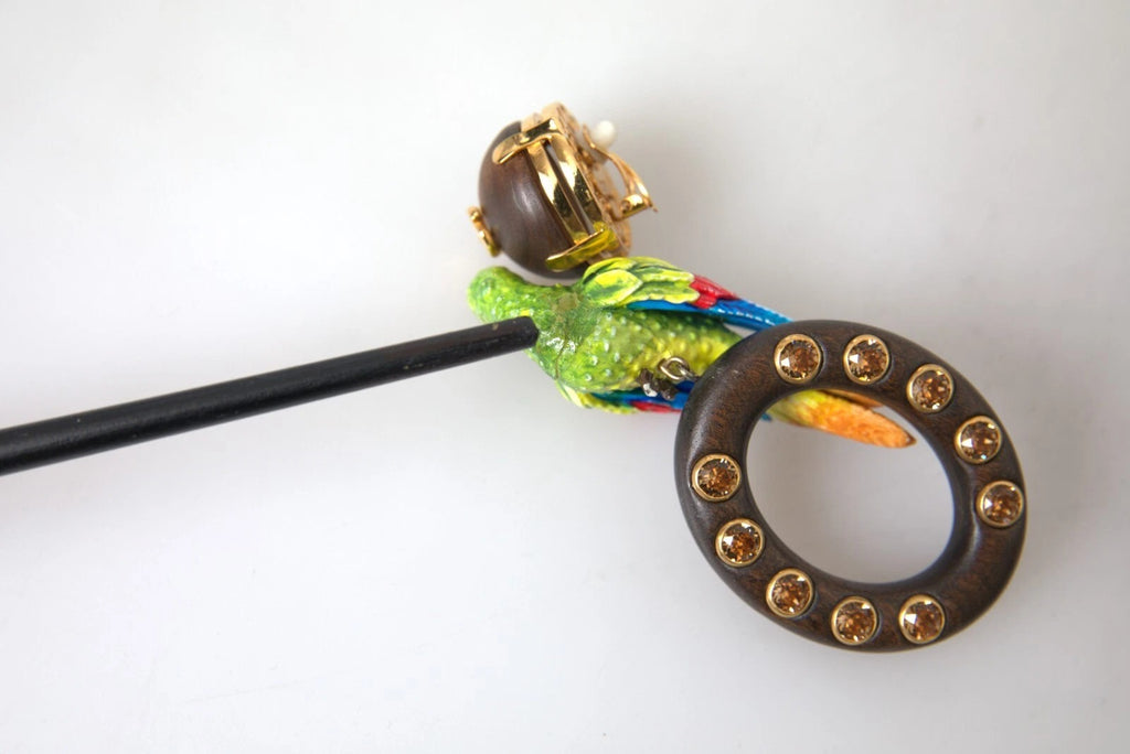 Multicolor Parrot Wood Brass Crystal Embellished Earrings