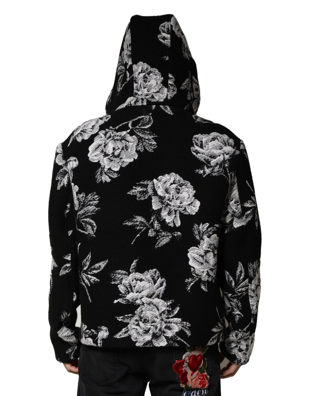 Black Wool Floral Printed Men Hooded Jacket