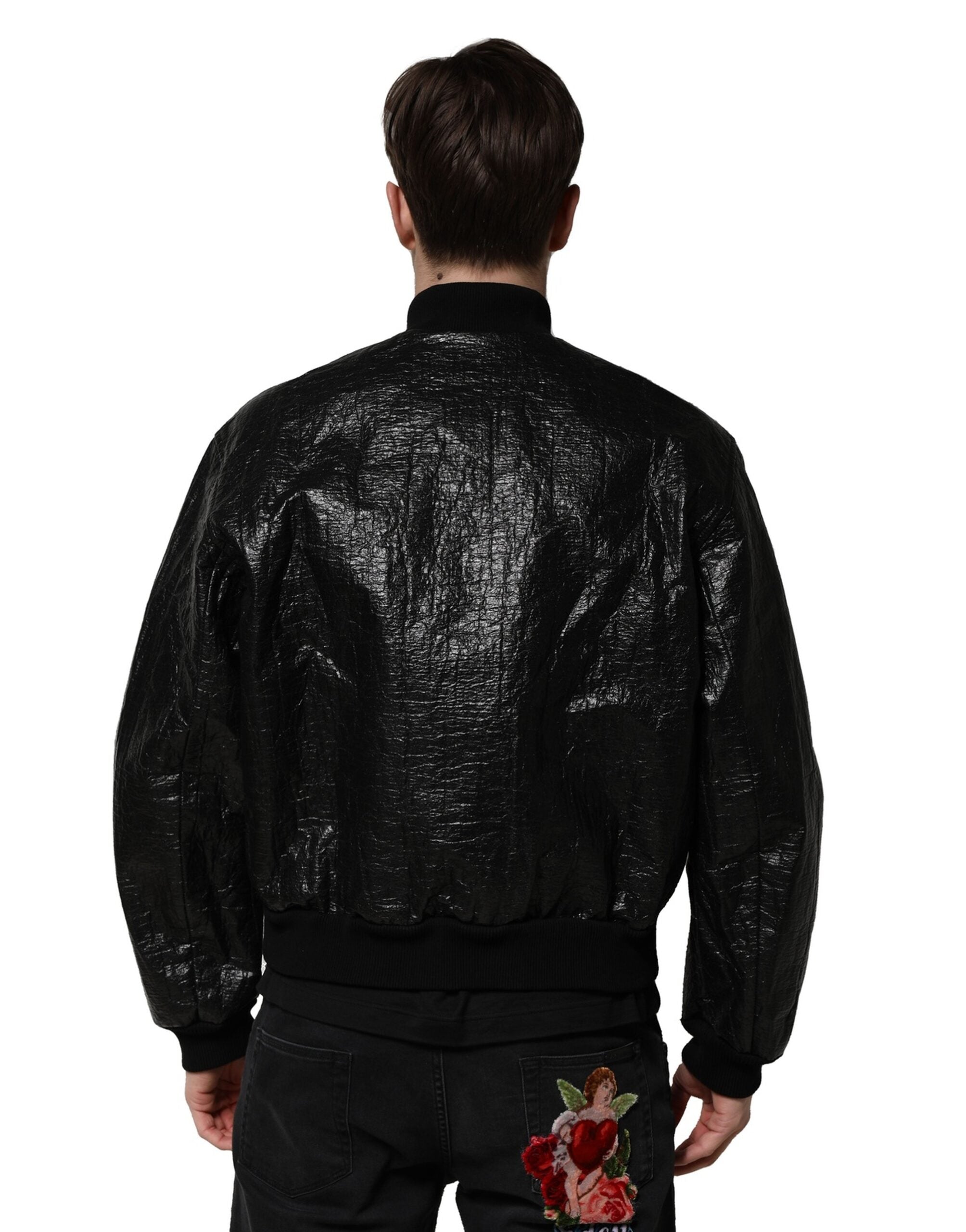 Black Logo Plaque Bomber Full Zipper Jacket
