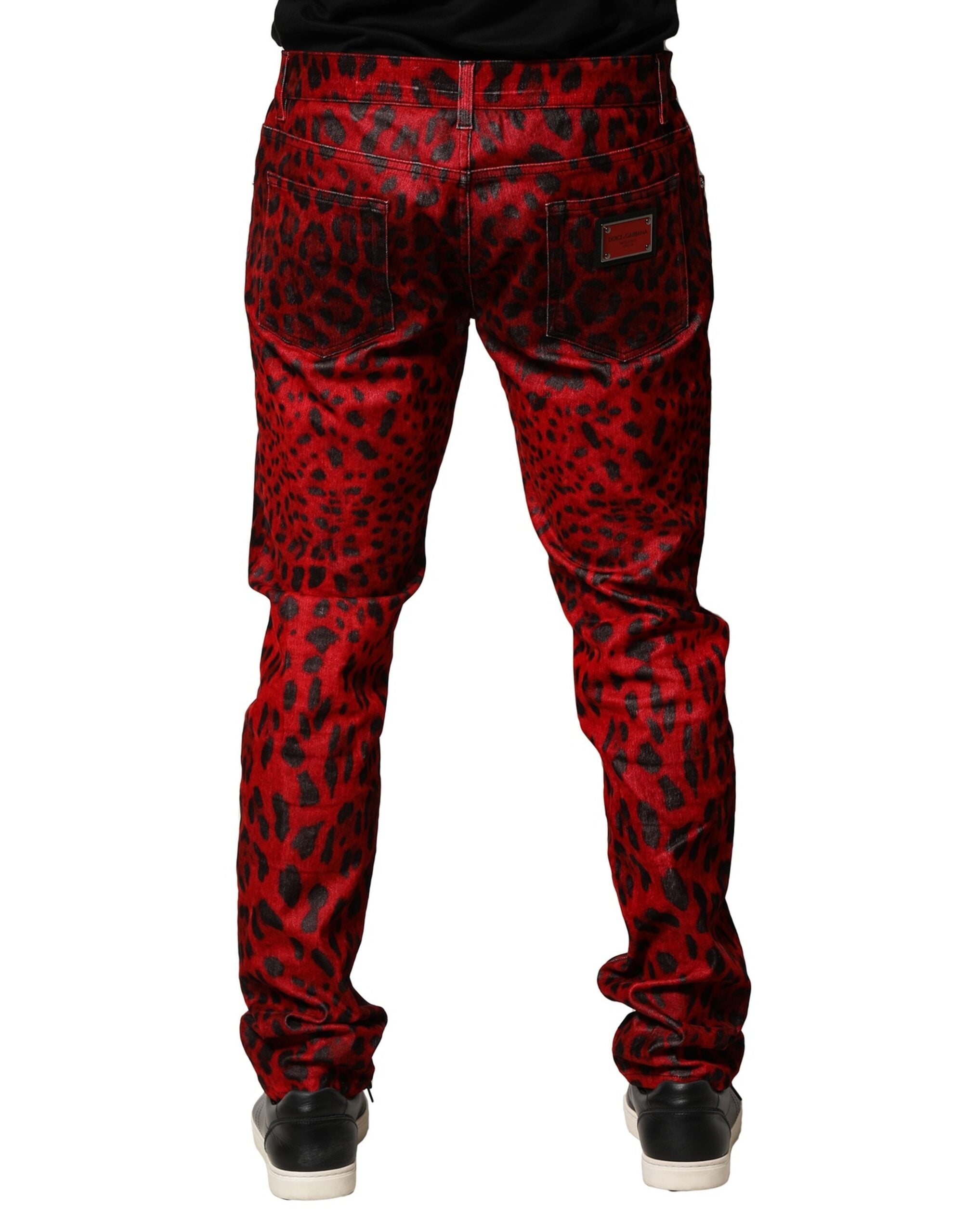 Red Leopard Print Cotton Skinny Denim Jeans