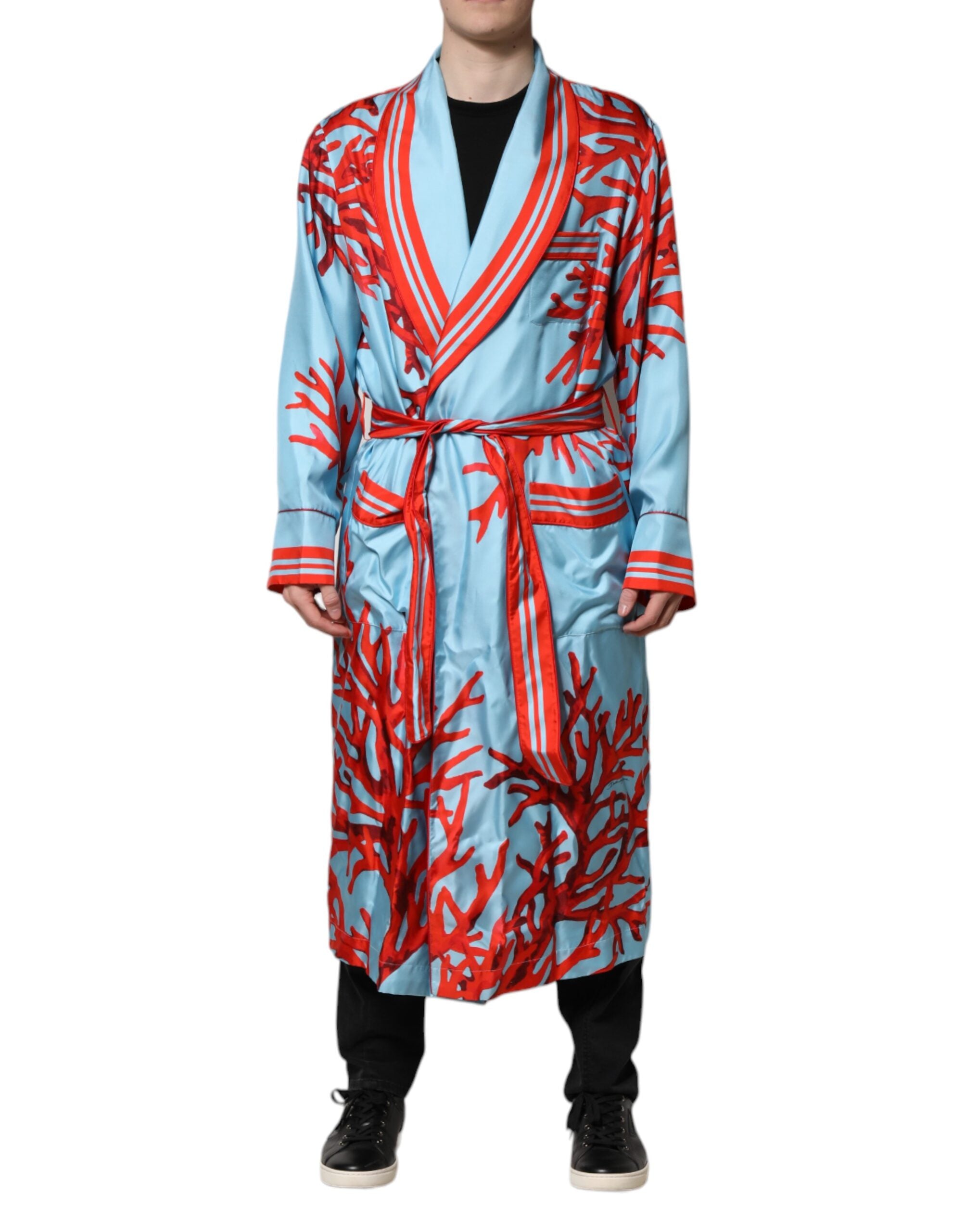 Blue Red Coral Print Wrap Robe Coat Jacket