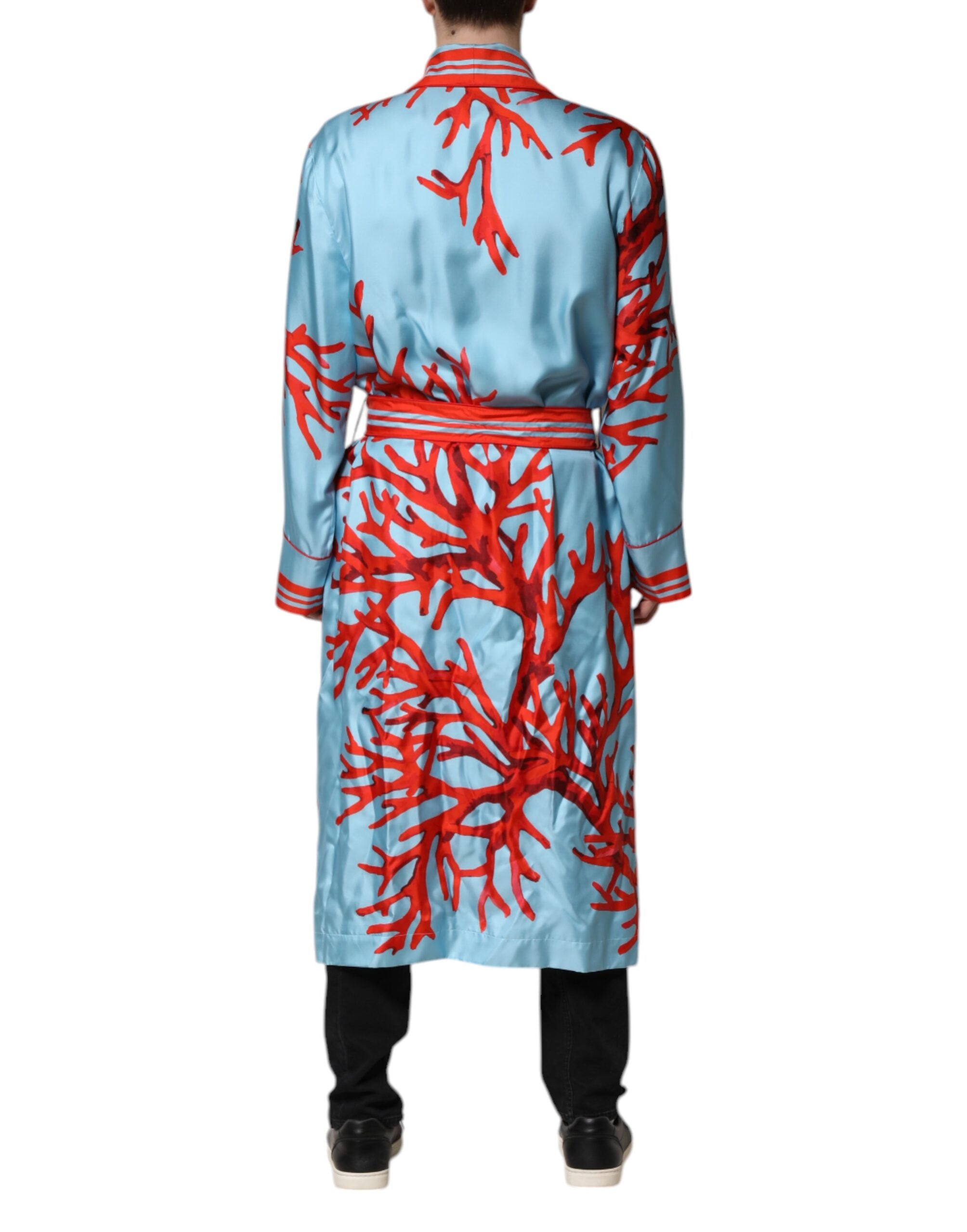 Blue Red Coral Print Wrap Robe Coat Jacket
