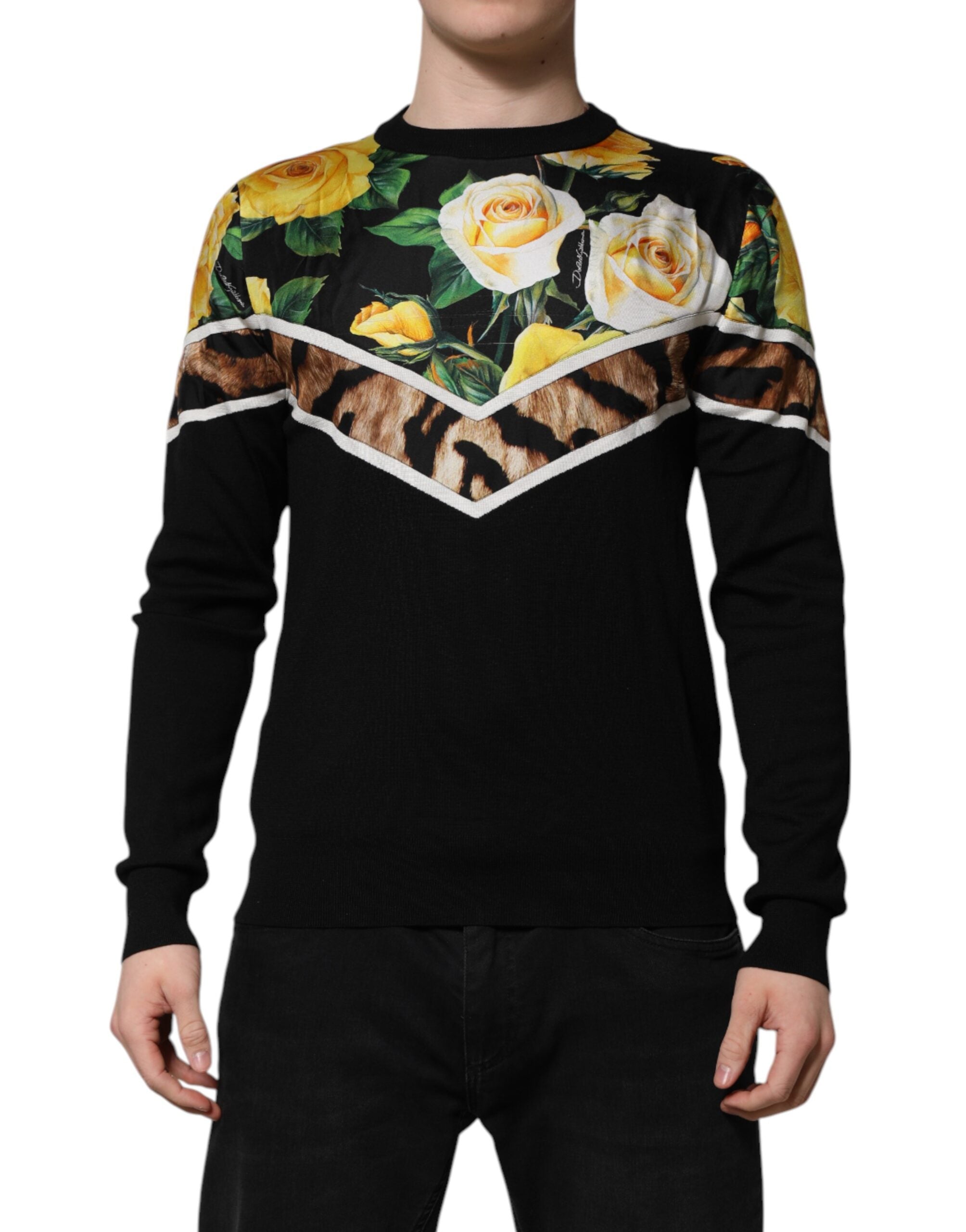 Black Silk Floral Crew Neck Pullover Sweater