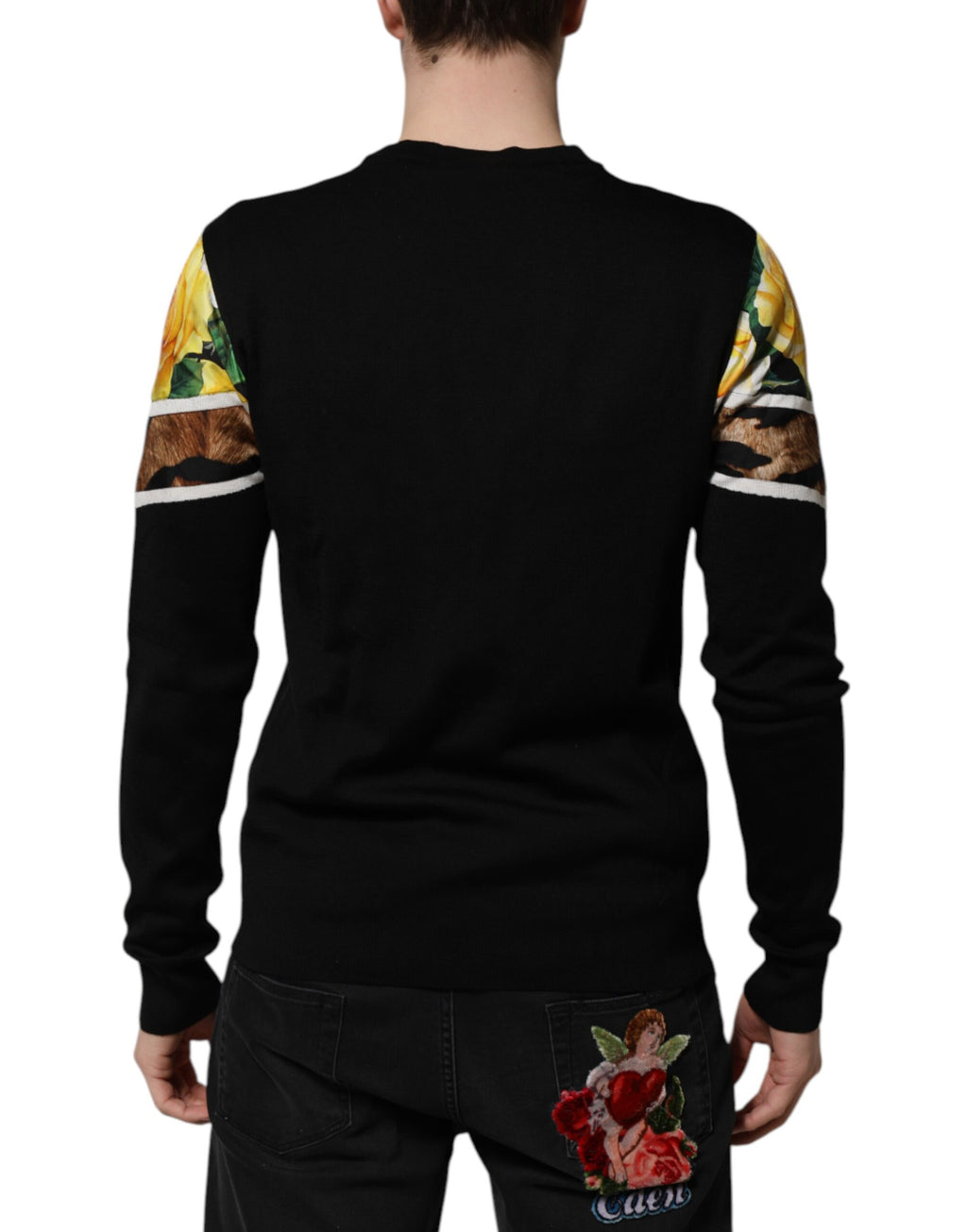 Black Silk Floral Crew Neck Pullover Sweater
