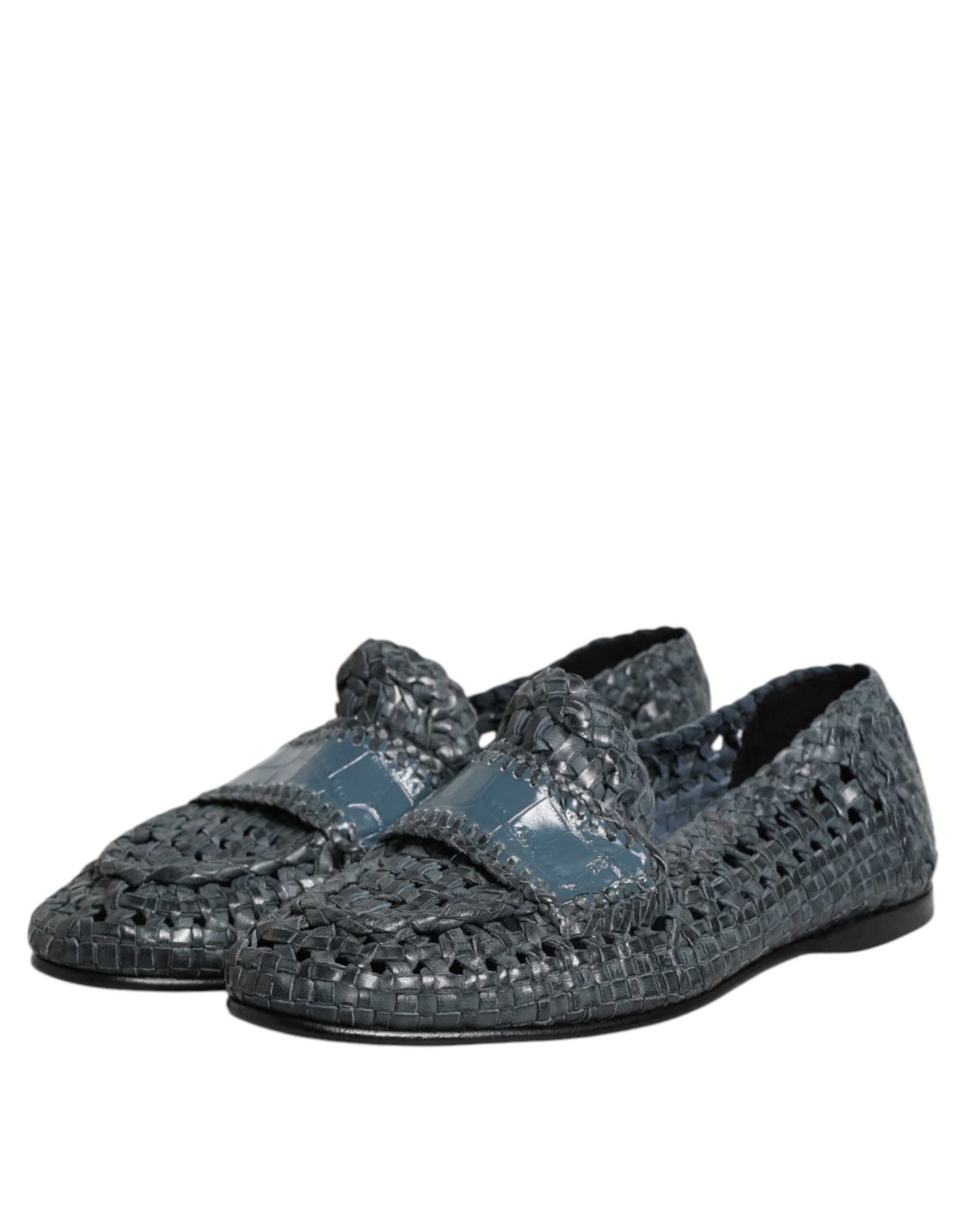 Blue Woven Leather Slip On Loafers Shoes
