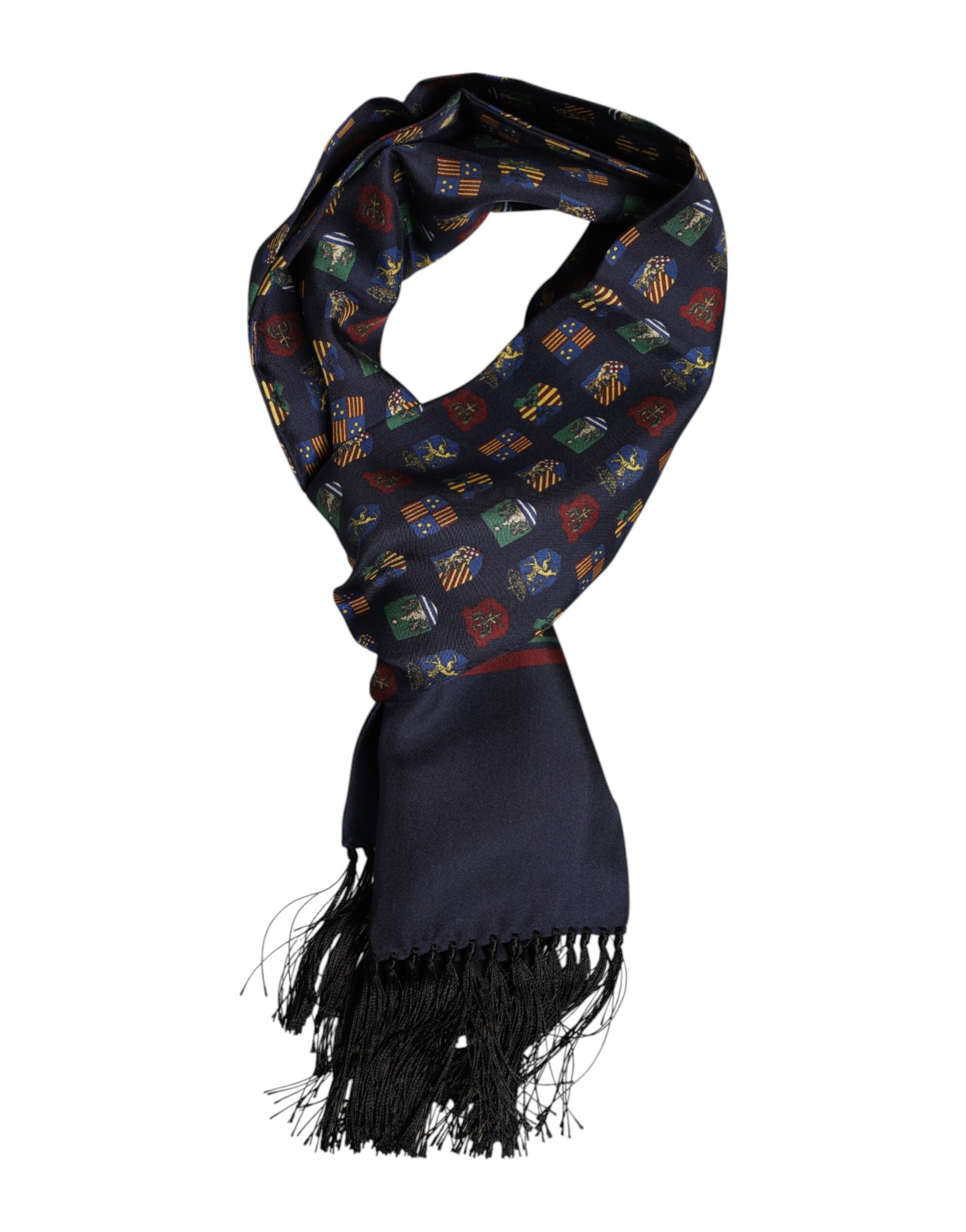 Dolce & Gabbana Blue Silk Printed Fringes Foulard Scarf