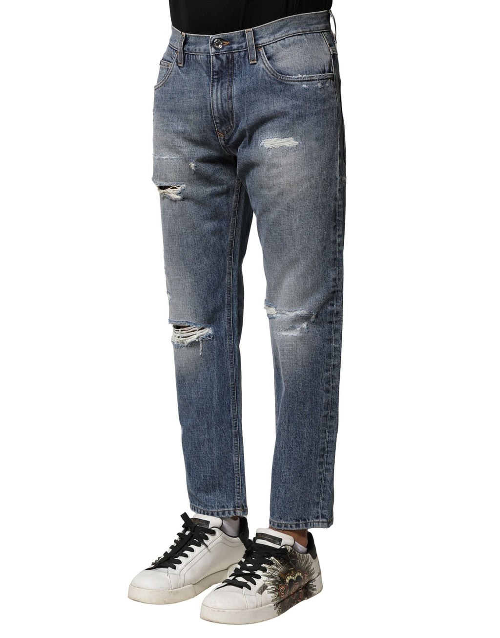 Blue Washed Tattered Straight Fit Denim Jeans