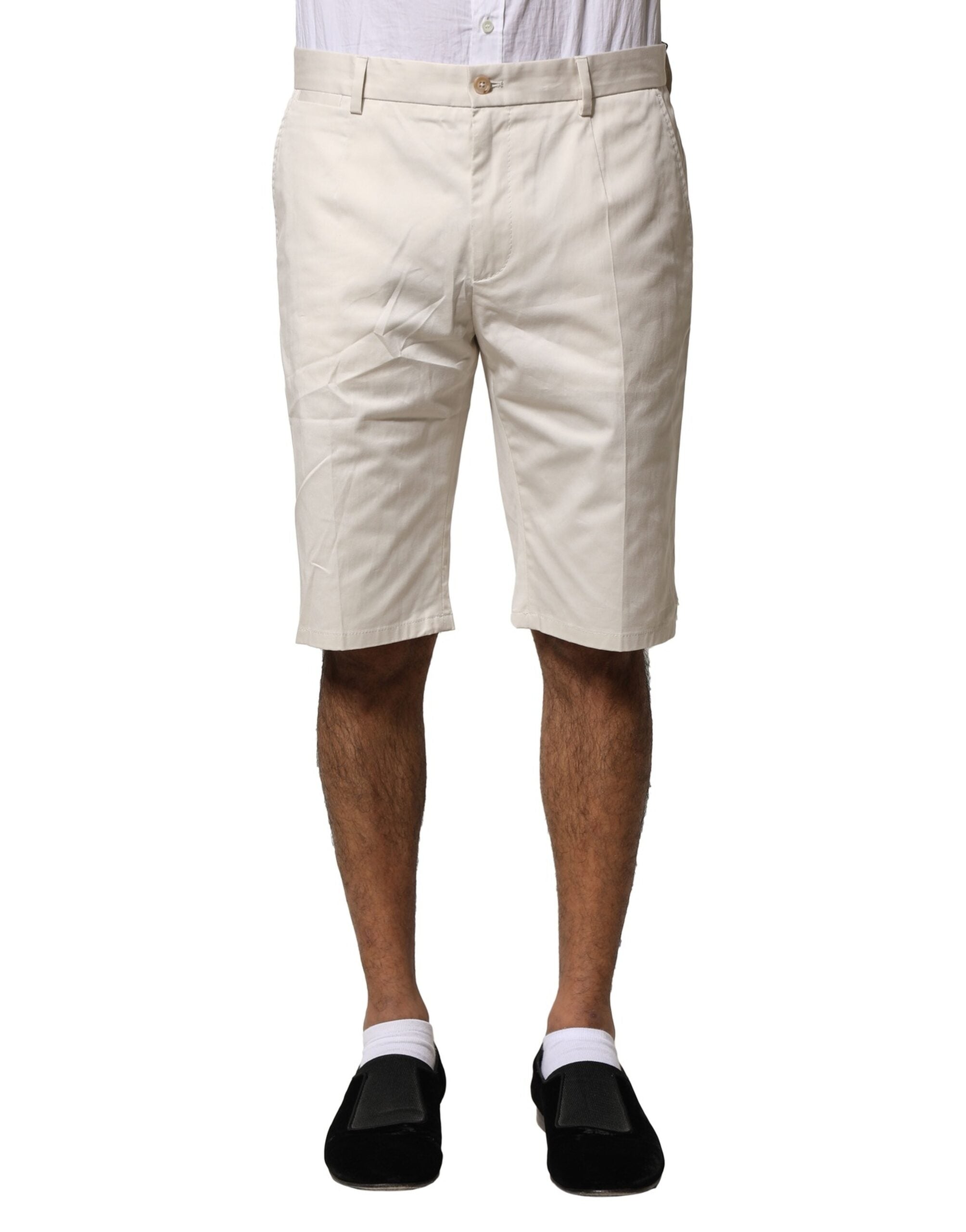 Beige Cotton Stretch Mid Waist Bermuda Shorts