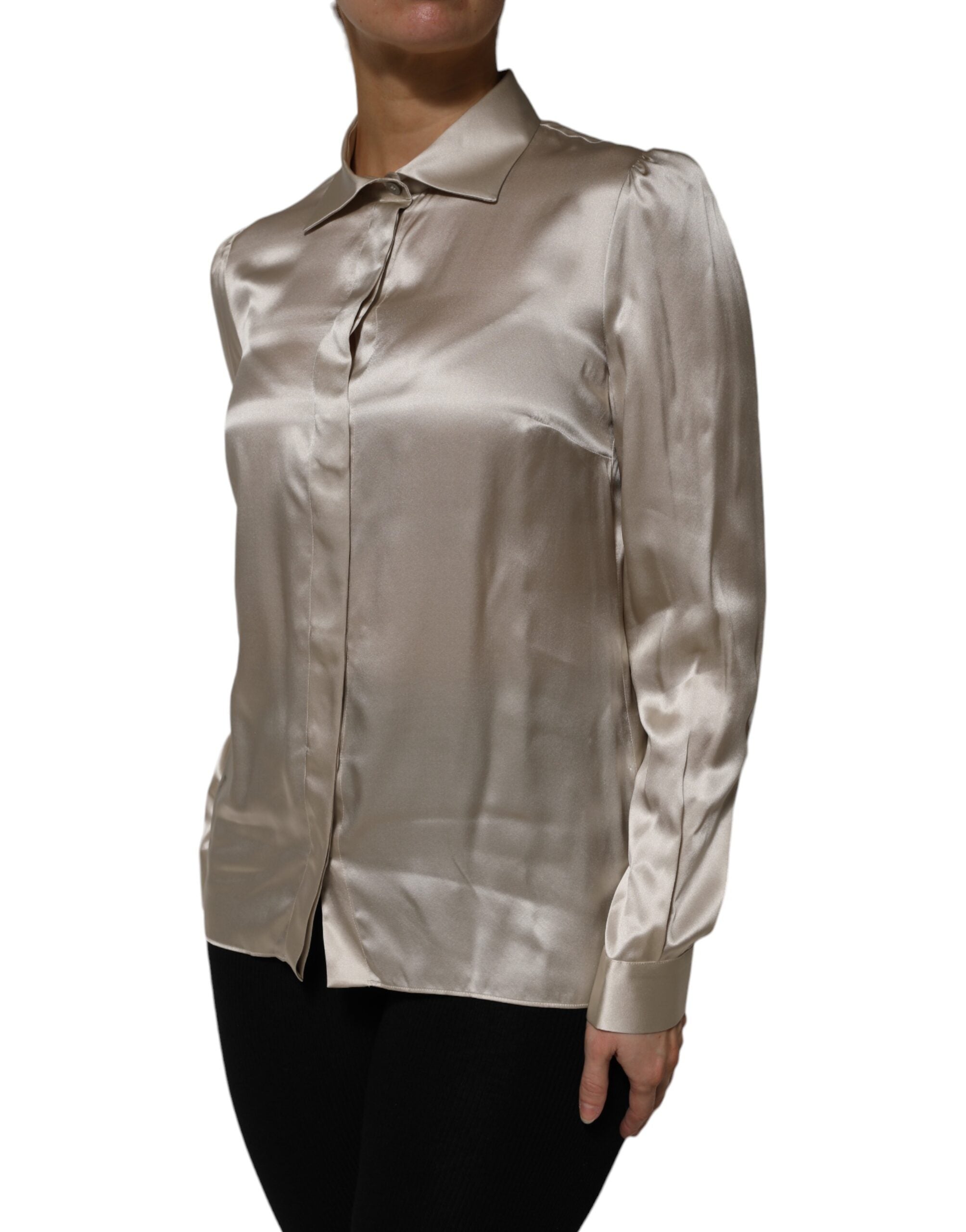 Beige Satin Silk Collared Long Sleeves Top