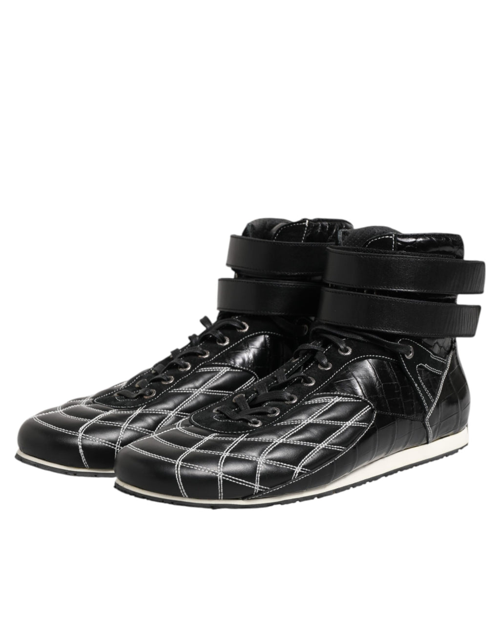 Black Quilted Leather Lace Up Sneakers Shoes