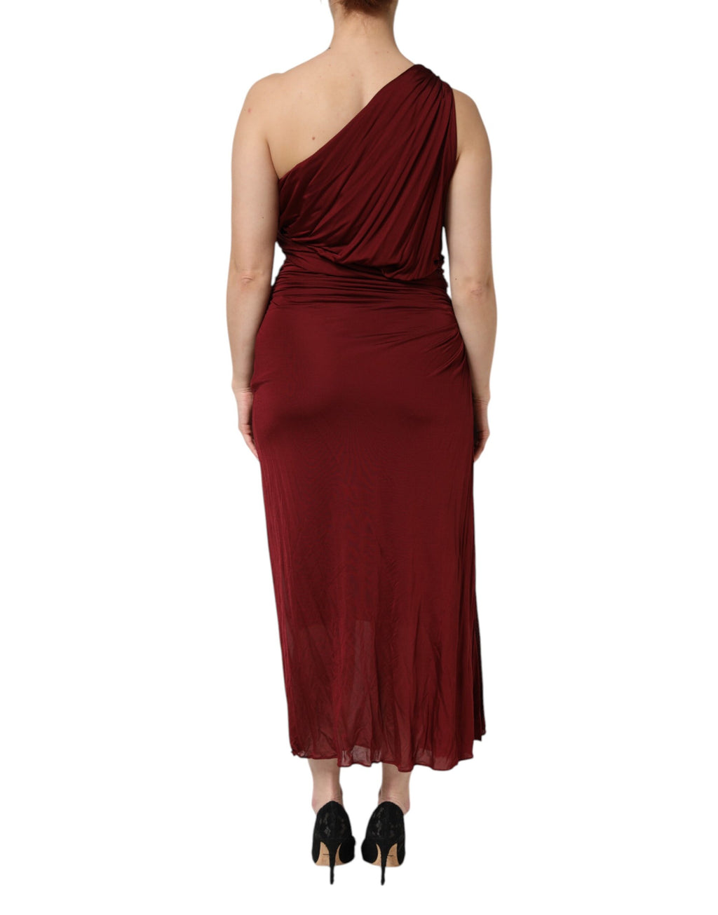 Red Viscose Fitted One Shoulder Midi Dress