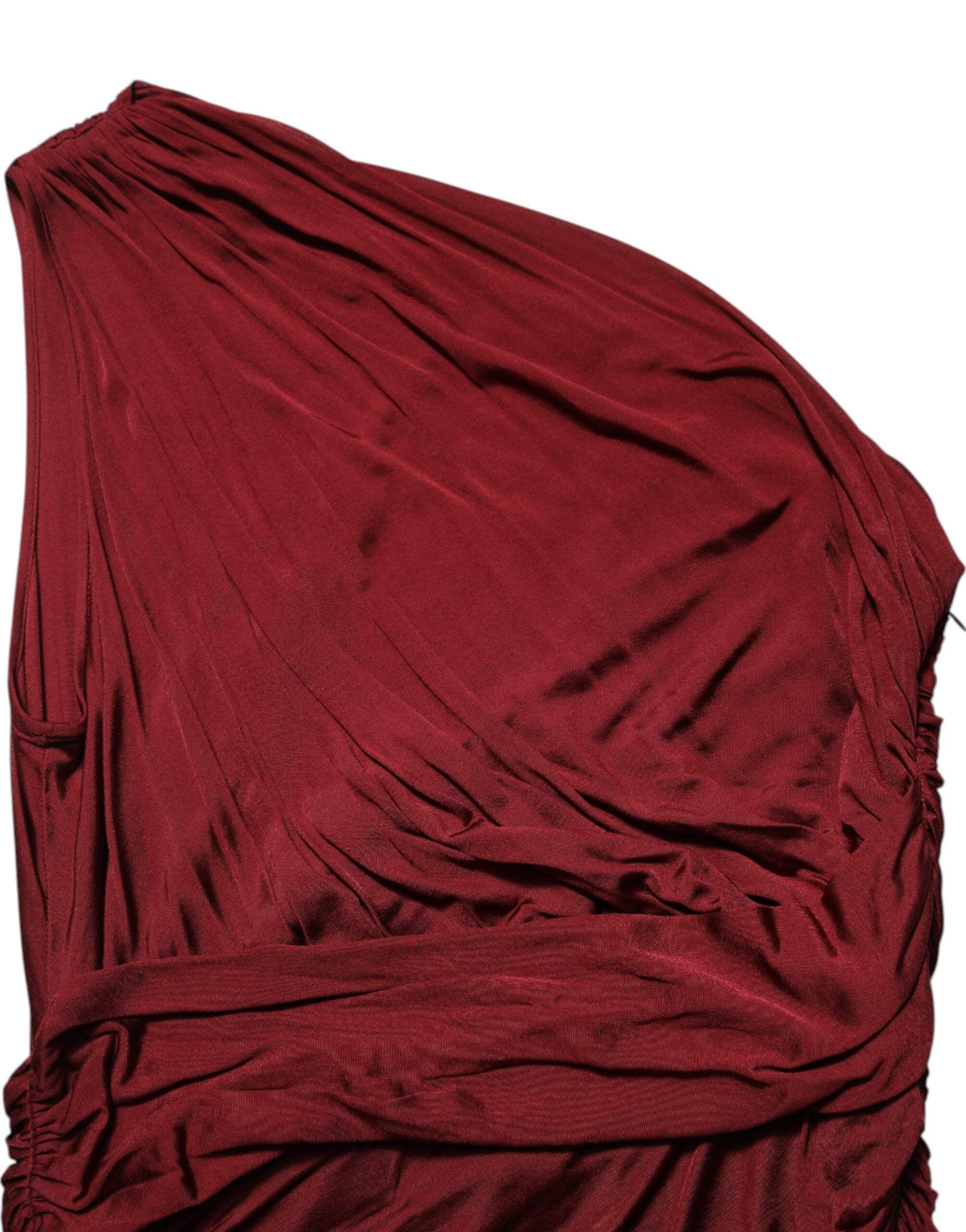 Red Viscose Fitted One Shoulder Midi Dress