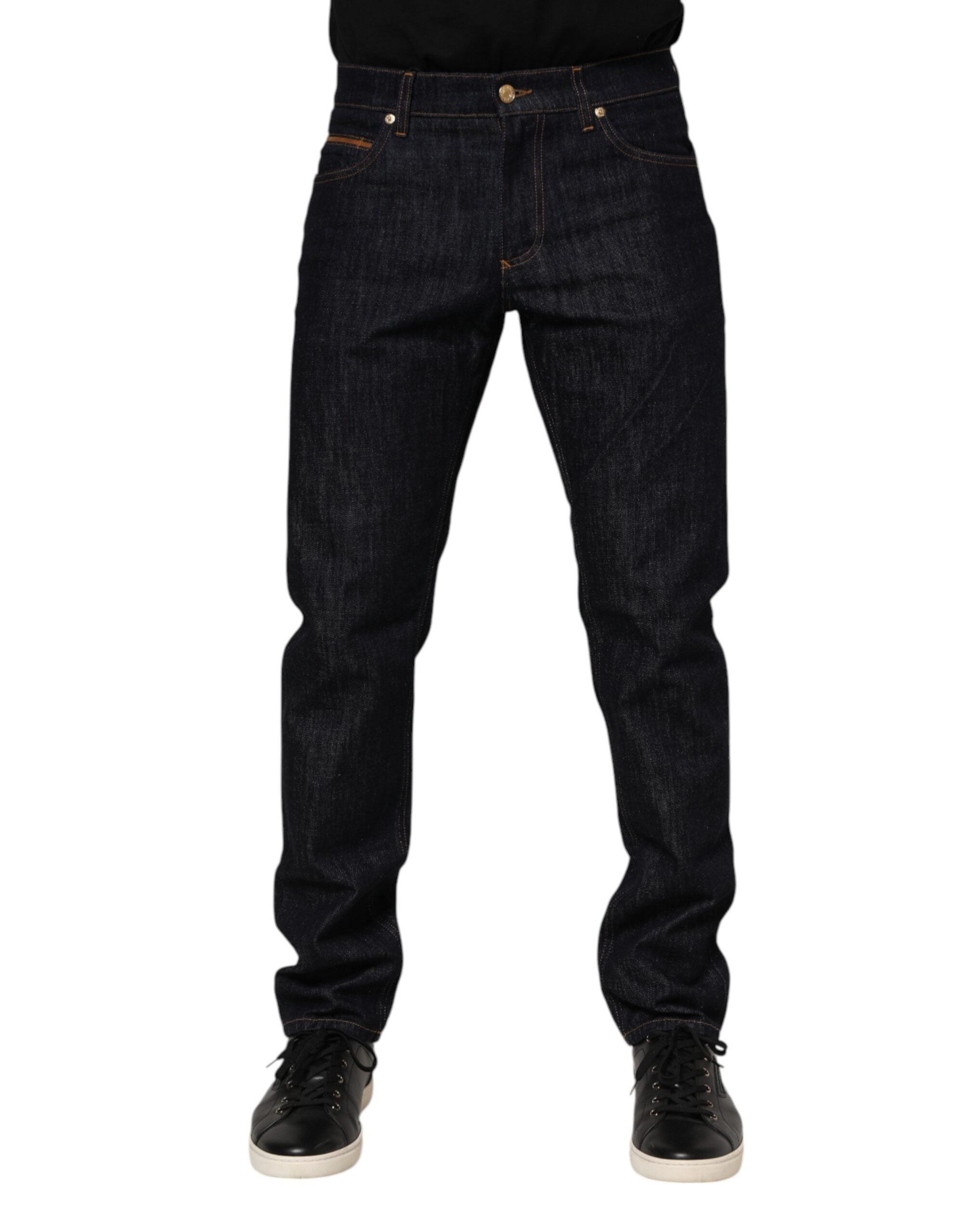 Dark Blue Cotton Logo Plaque Men Denim Jeans