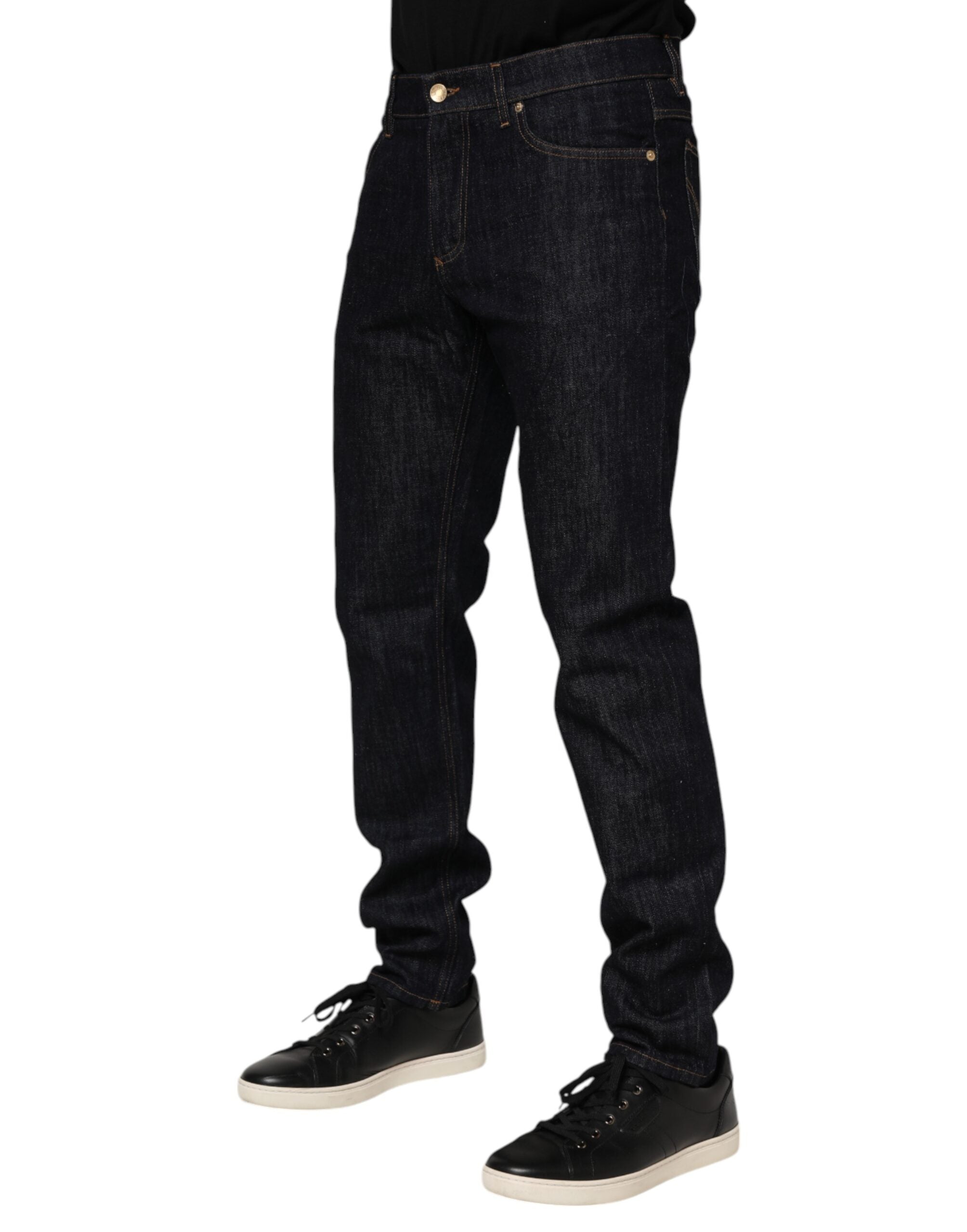 Dark Blue Cotton Logo Plaque Men Denim Jeans