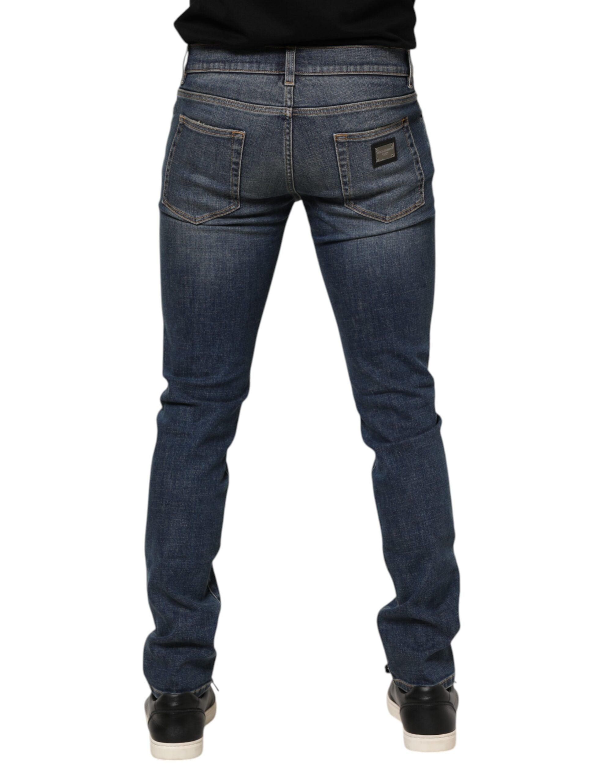 Blue Washed Skinny Logo Plaque Men Denim Jeans