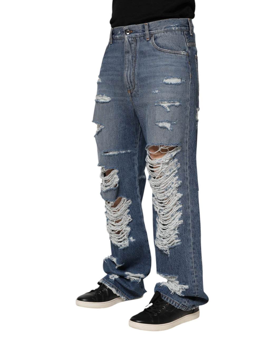 Blue Tattered Cotton Logo Plaque Denim Jeans