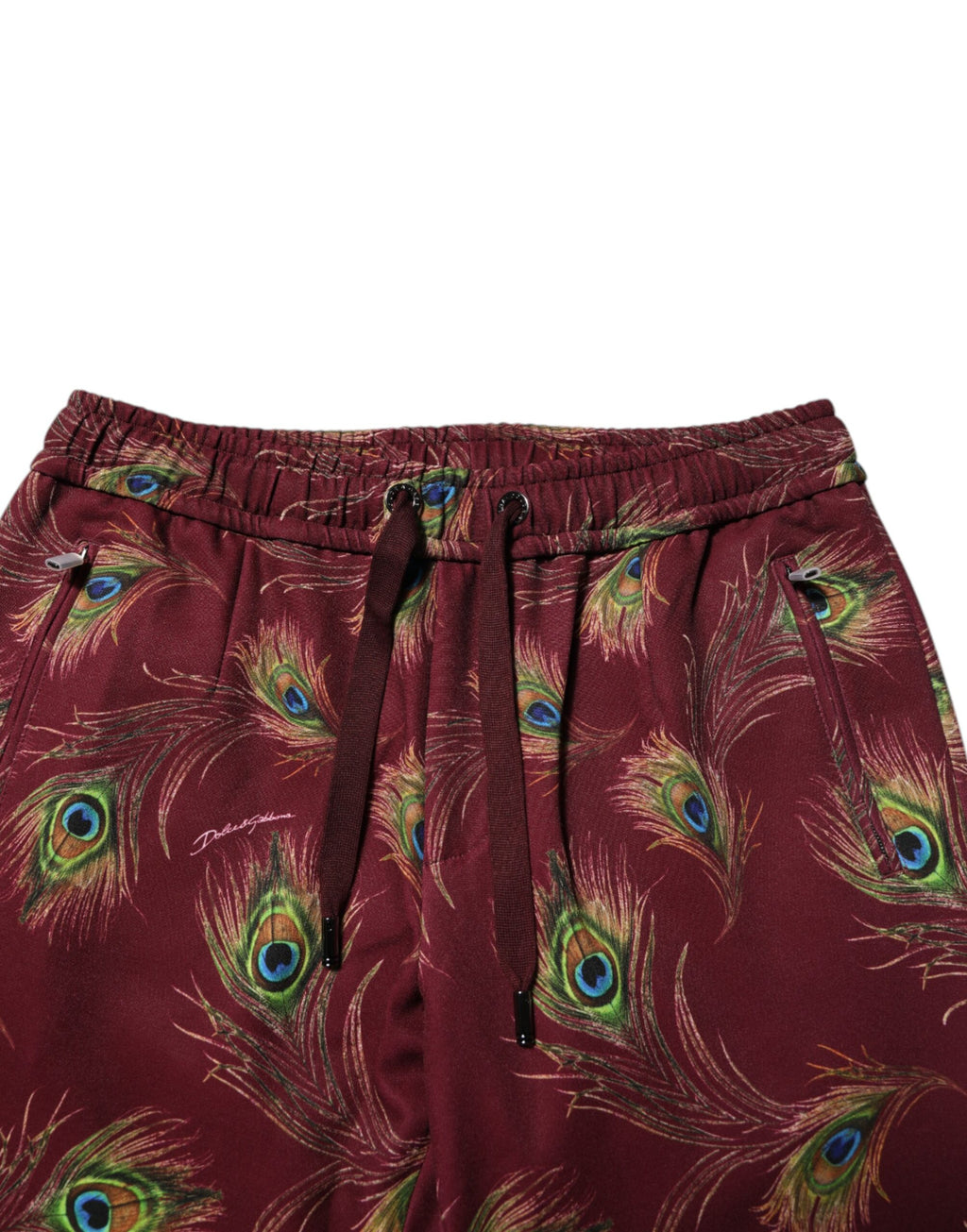 Burgundy Peacock Feather Print Jogger Pants