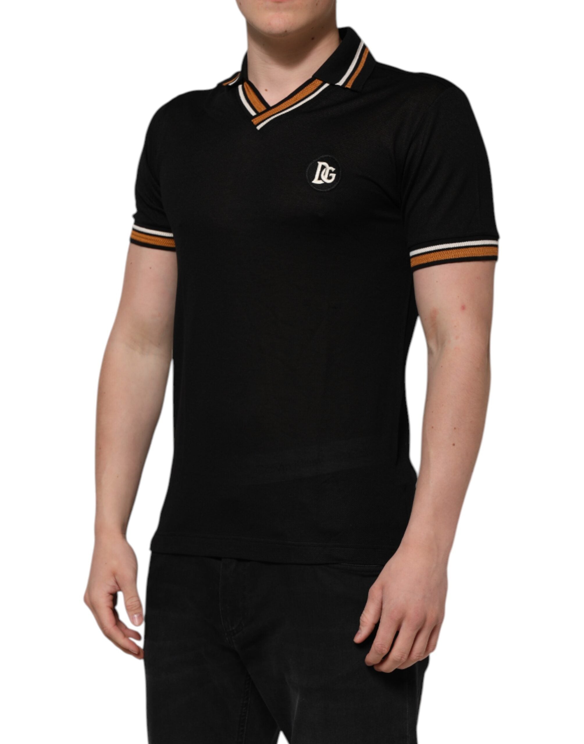 Black DG Silk V-neck Collared Men Polo T-shirt