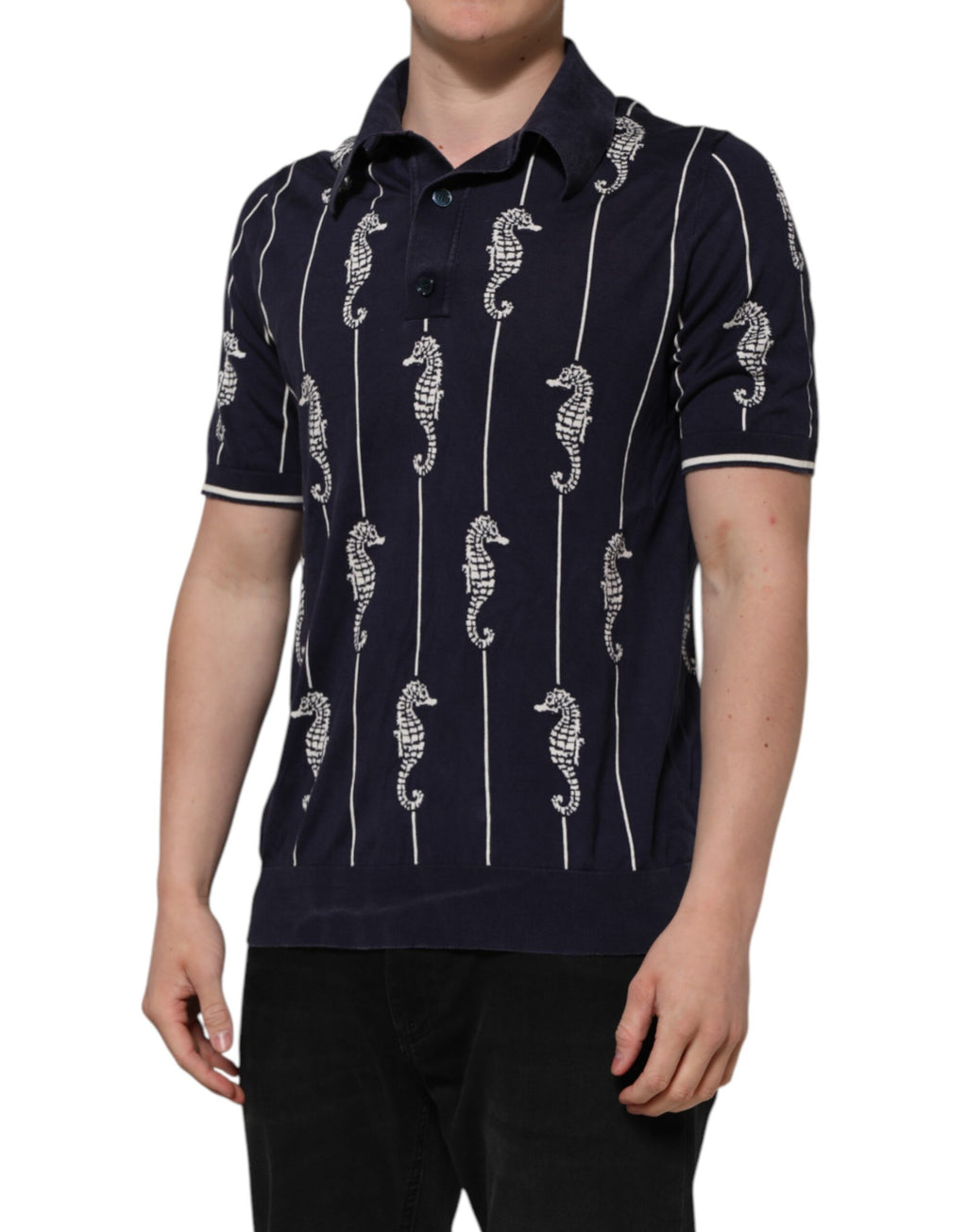Dark Blue Sea Horse Collared Polo T-shirt