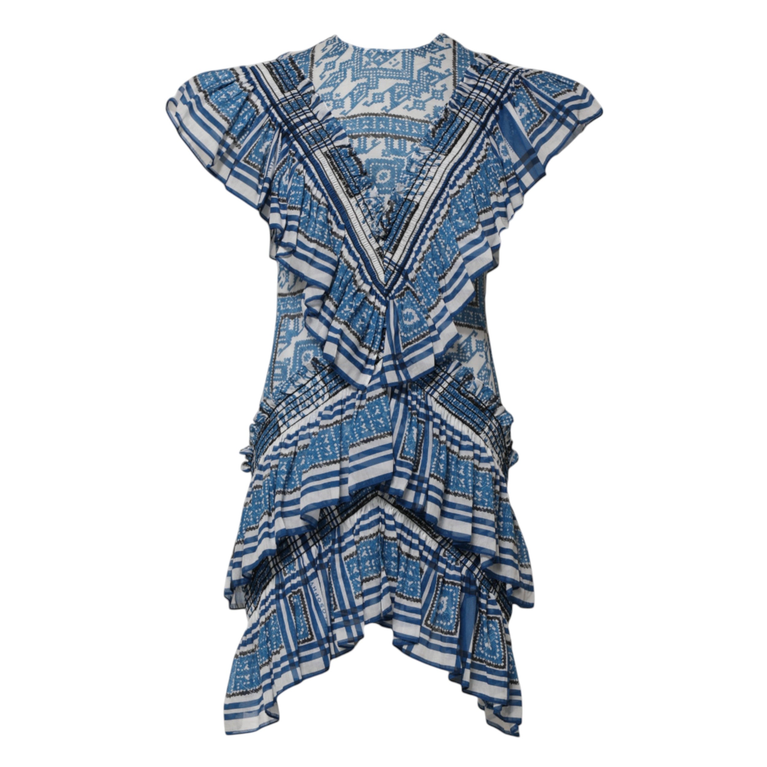 Blue Patterned Layered Short Sleeves Mini Dress