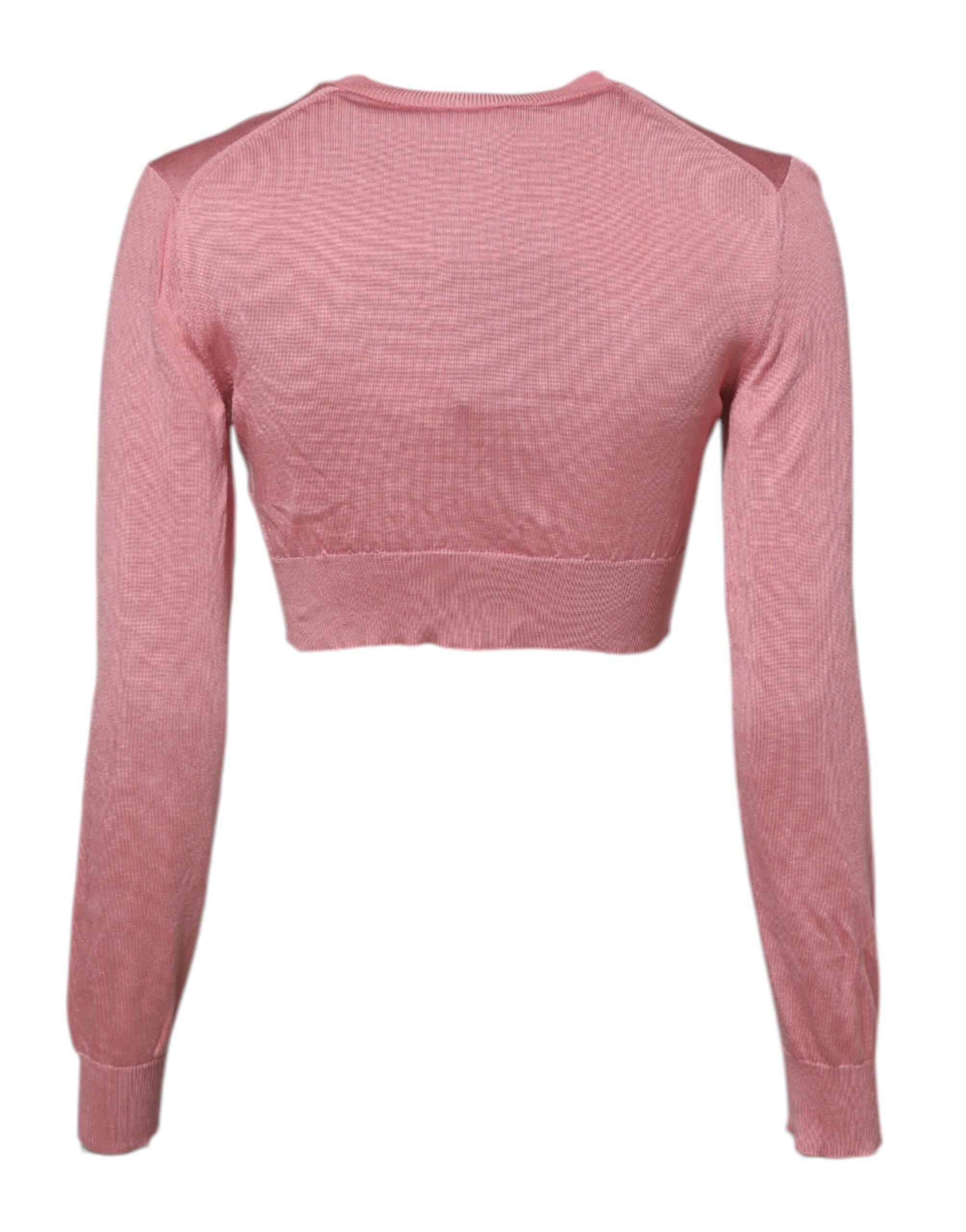 Pink Silk Cropped Crew Neck Cardigan Sweater