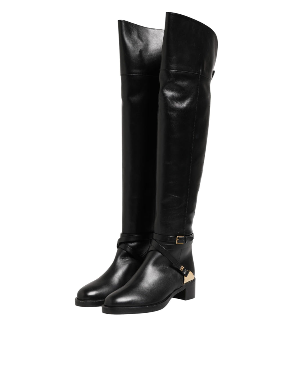 Black Leather Buckled High Boots Shoes
