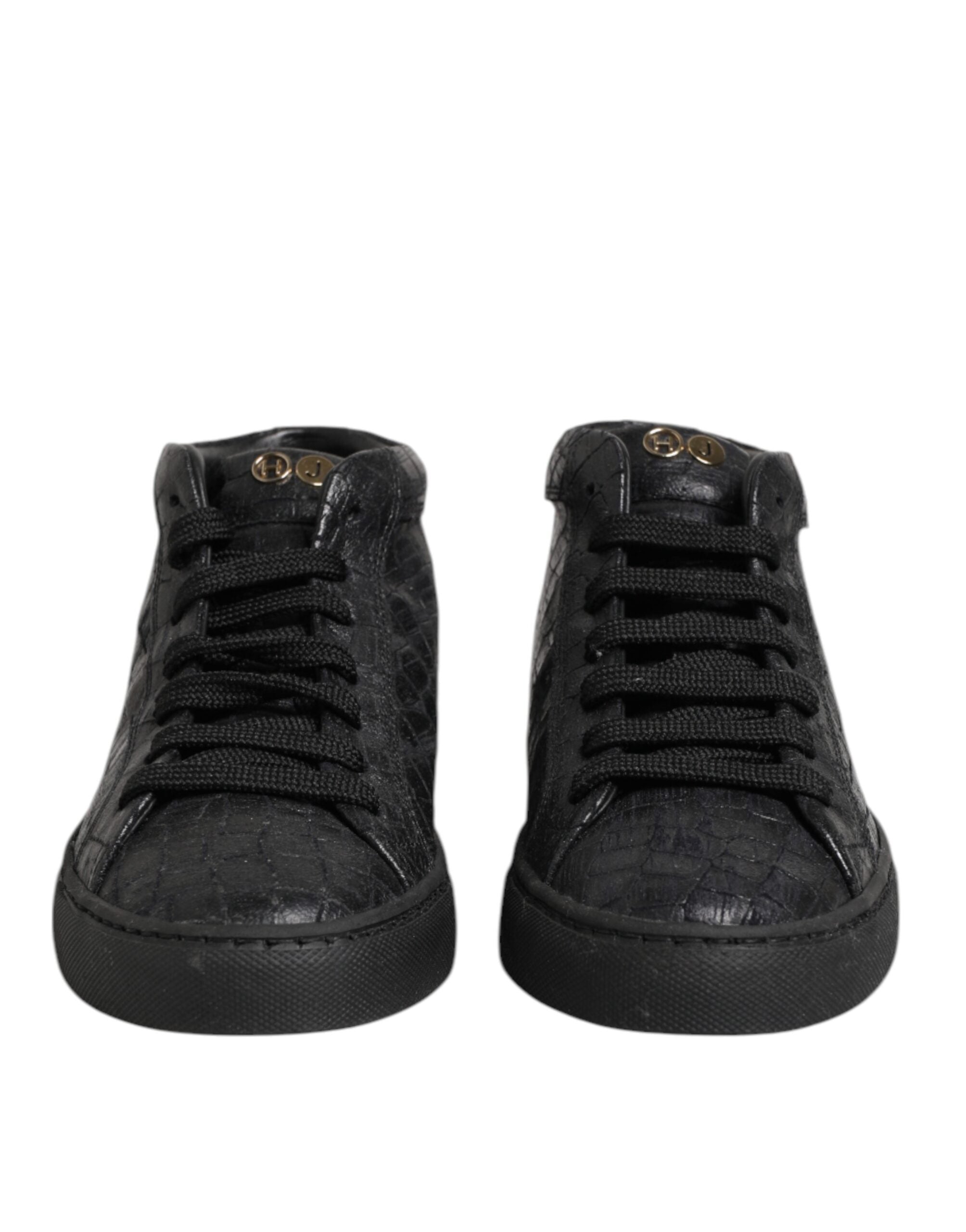 Black Leather Lace Up Mid Top Sneakers Shoes