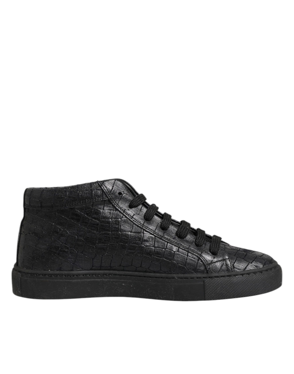 Black Leather Lace Up Mid Top Sneakers Shoes