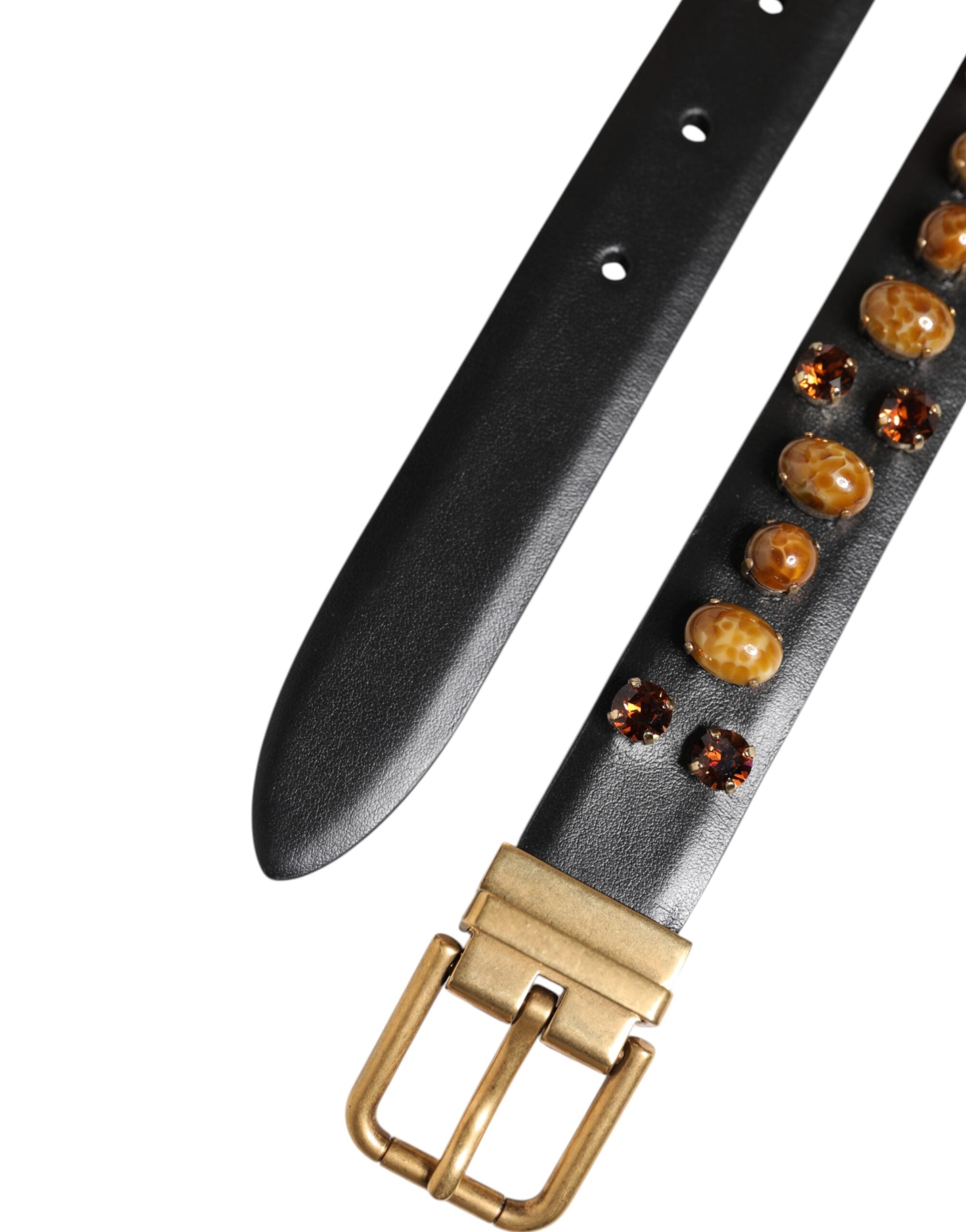 Black Leather Studded Gold Tone Buckle Belt