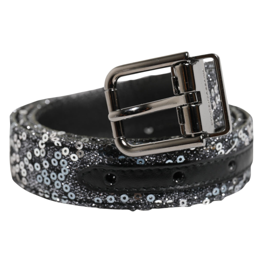 Black Sequins Silver Metal Logo Buckle Belt