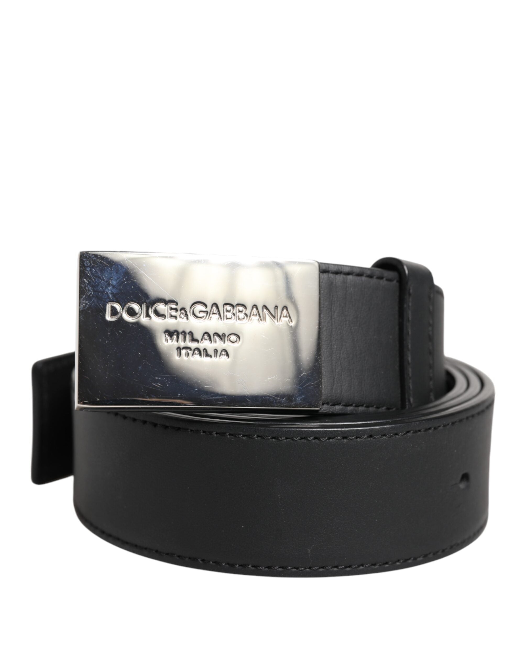 Black Leather Metal Logo Buckle Belt
