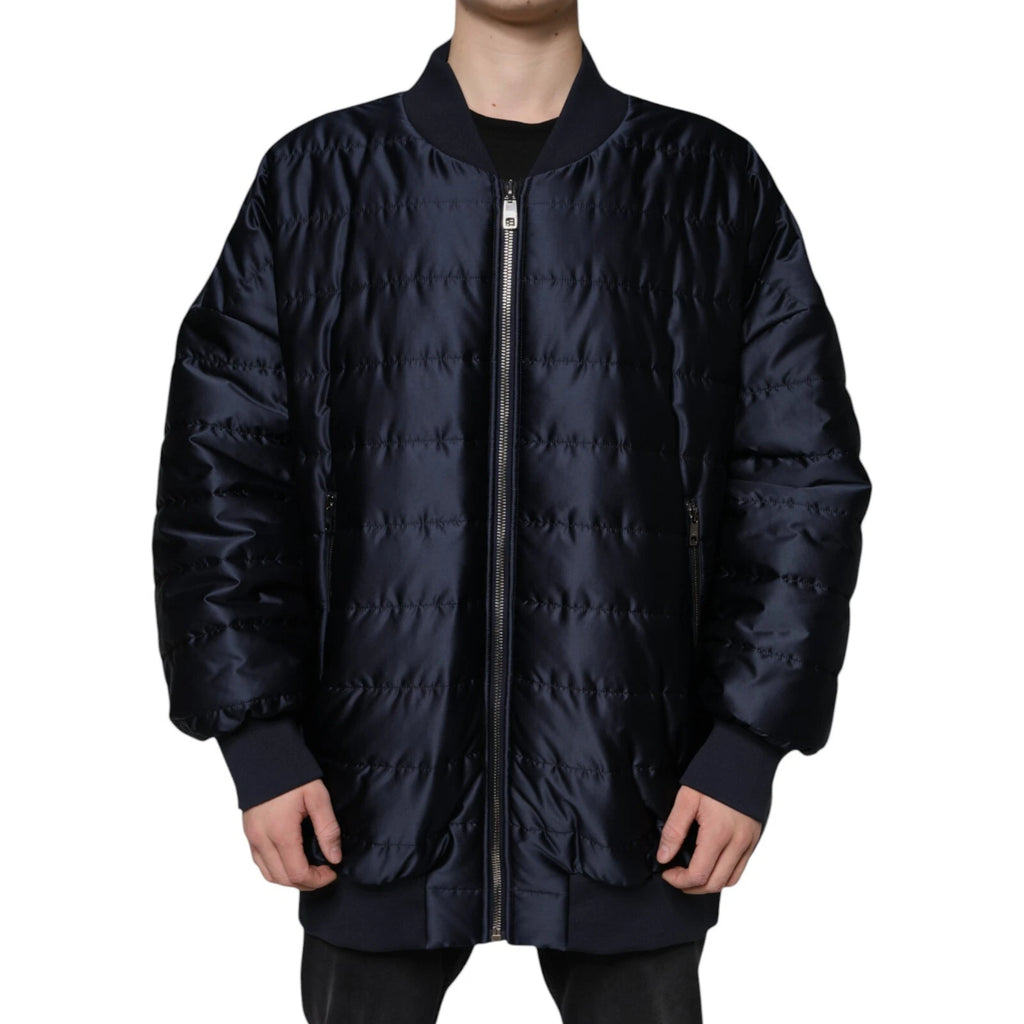 Dark Blue Quilted Full Zip Bomber Jacket