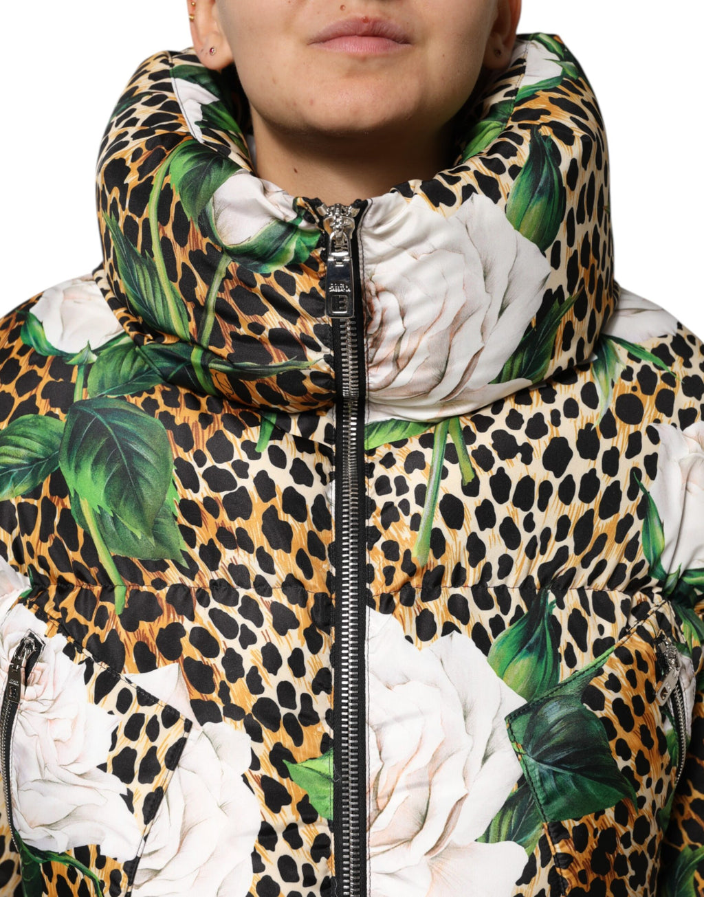 Multicolor Leopard Rose Puffer Quilted Jacket