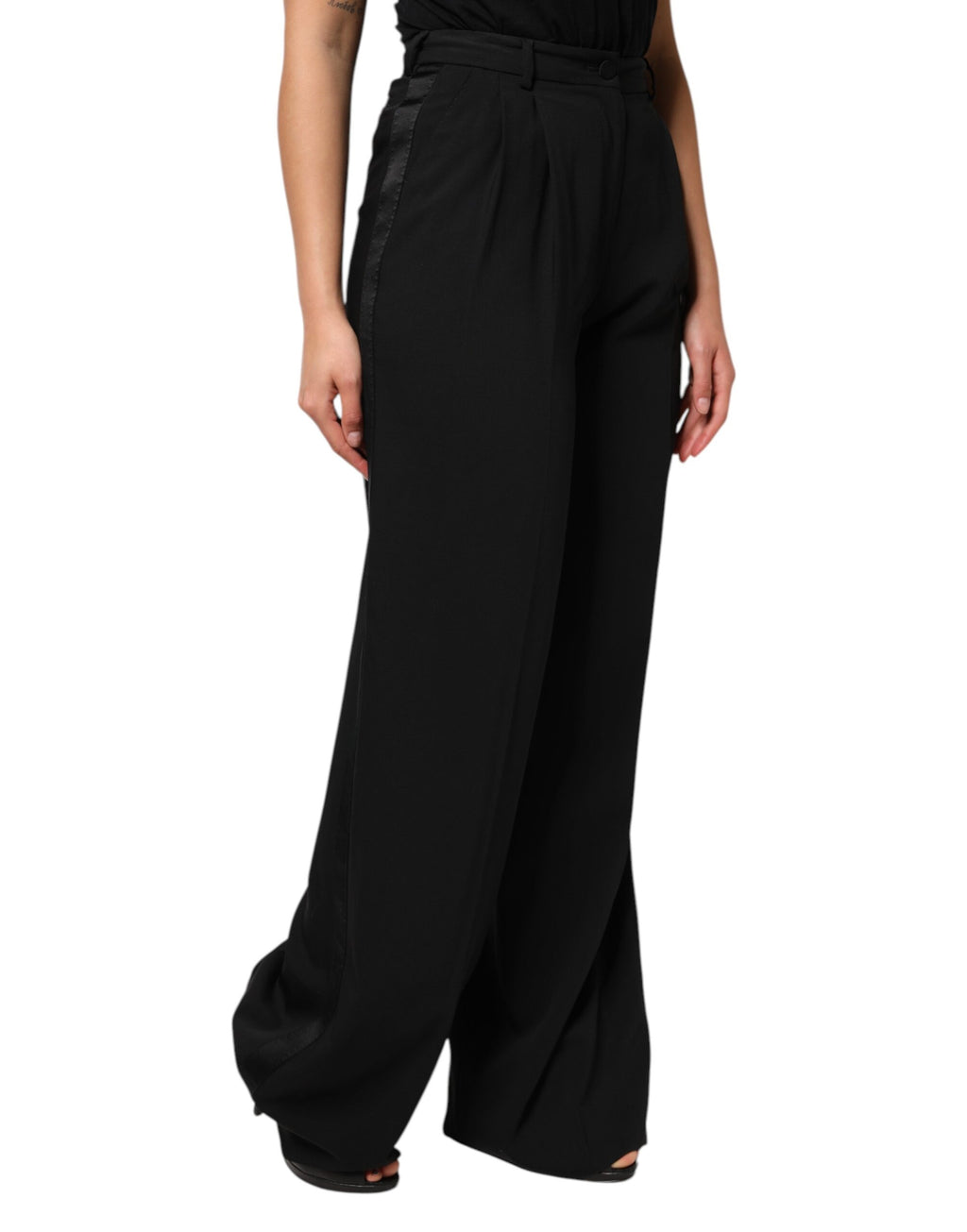 Black Wool High Waist Wide Leg Pants