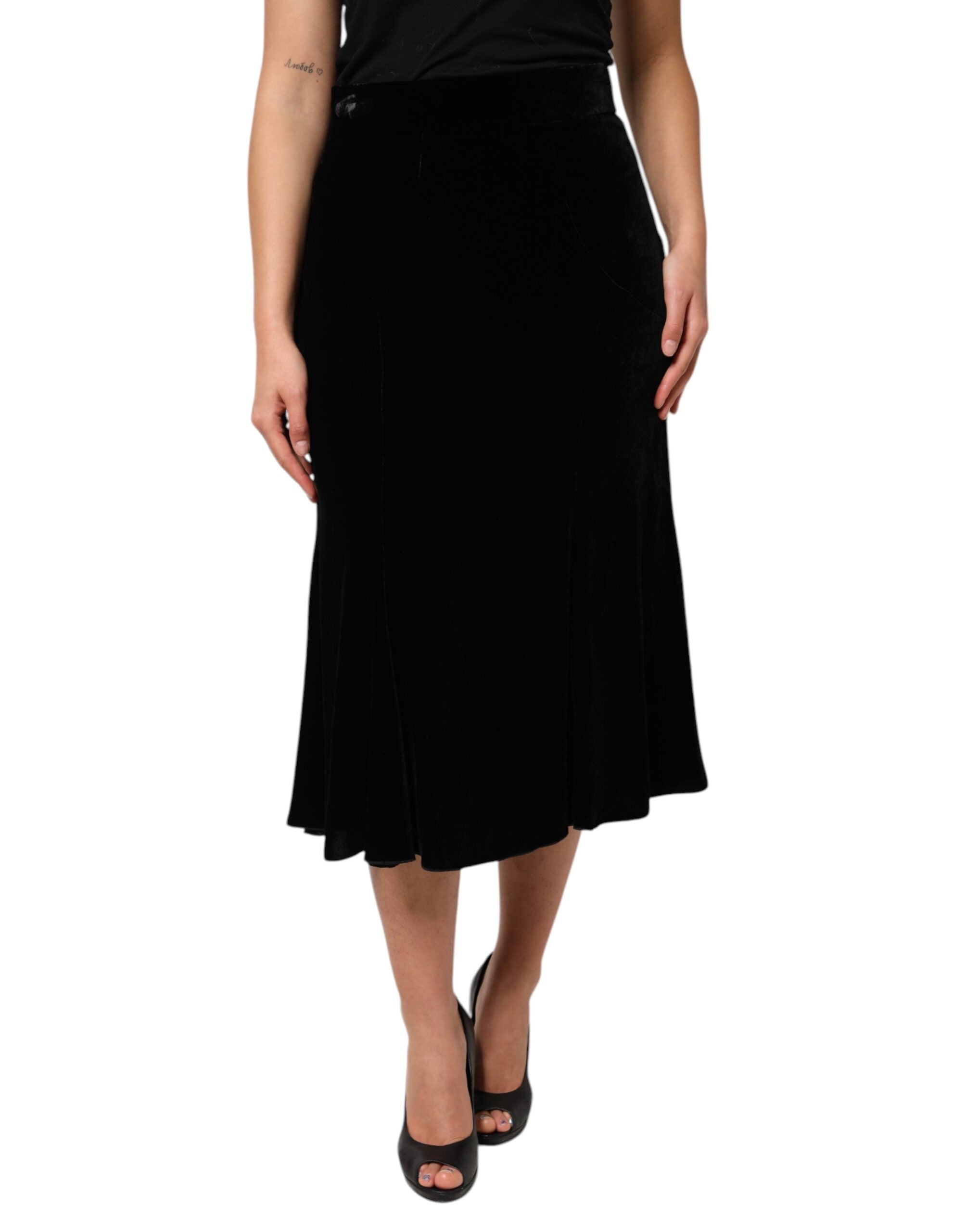 Black High Waist Fit Flared Midi Skirt