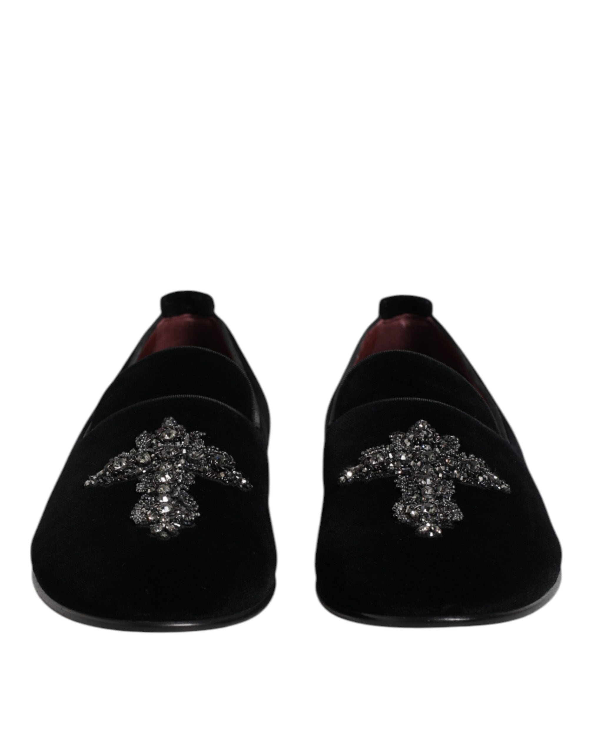 Black Velvet Embellished Loafer Slip On Shoes