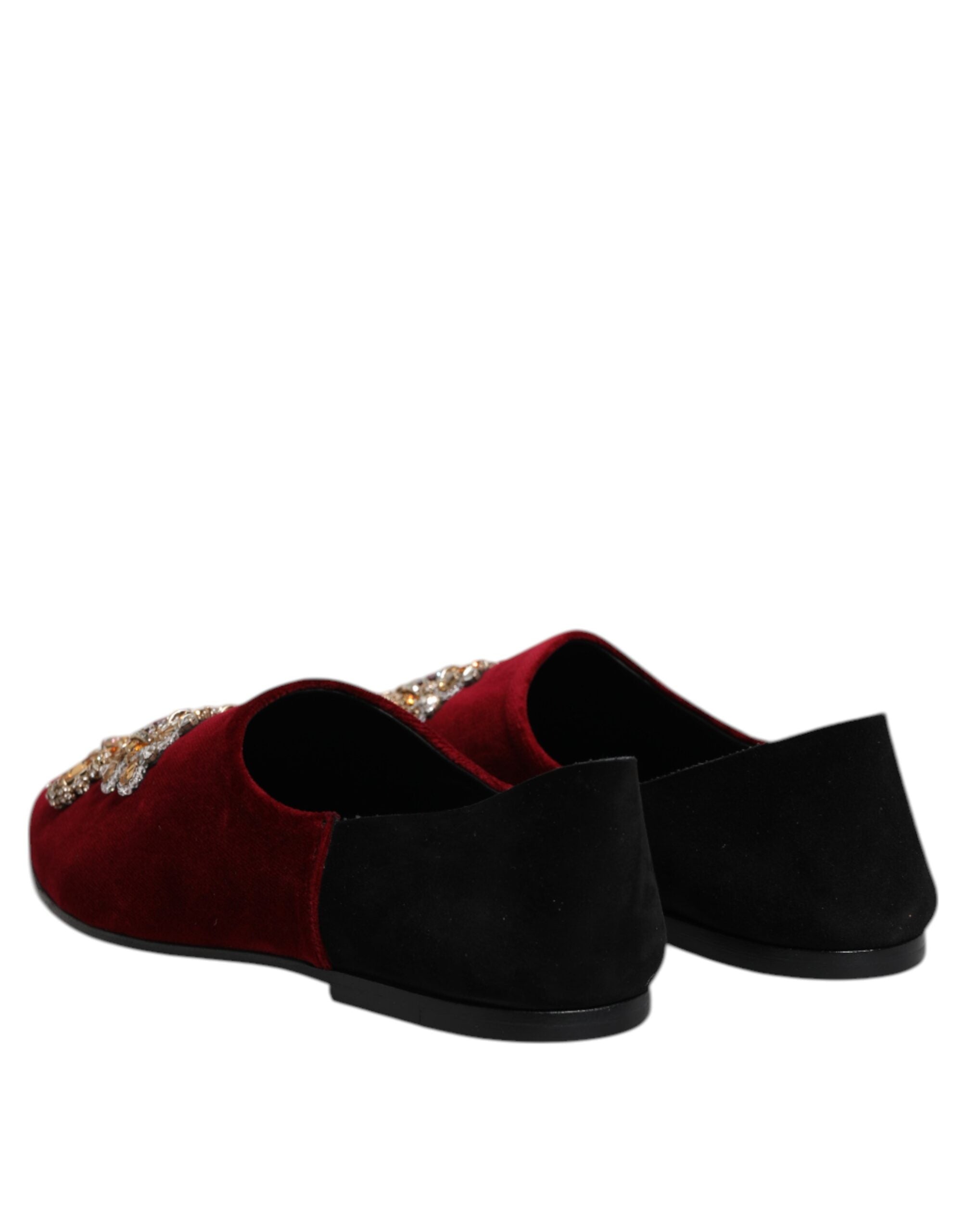 Black Red Velvet Embellished Slip On Shoes