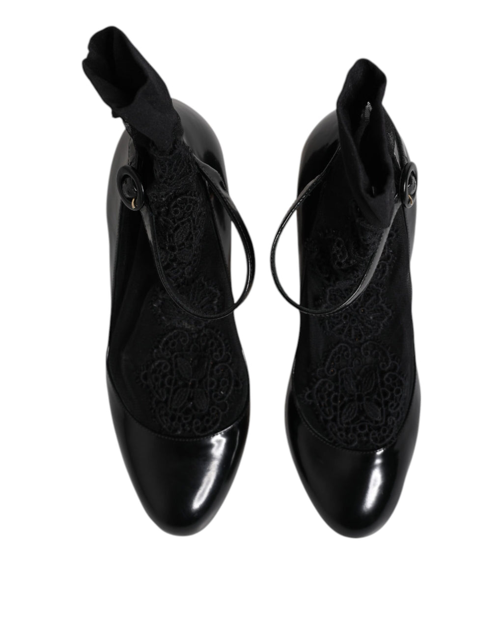 Black Leather Lace Socks Heels Pumps Shoes