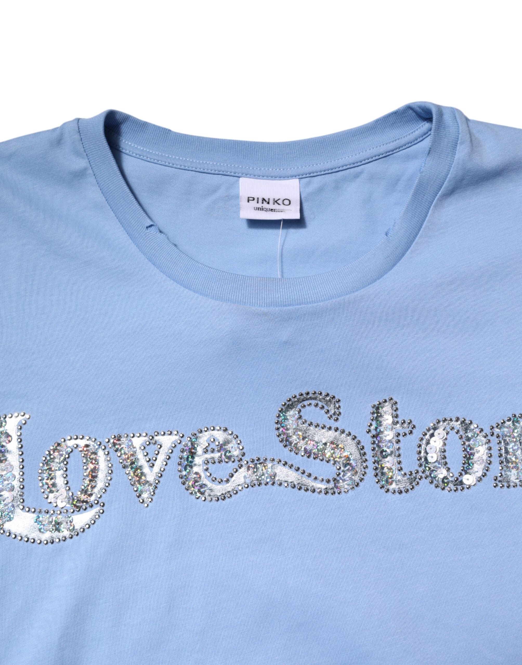 Blue Love Story Sequined Embellished Short Sleeves T-shirt