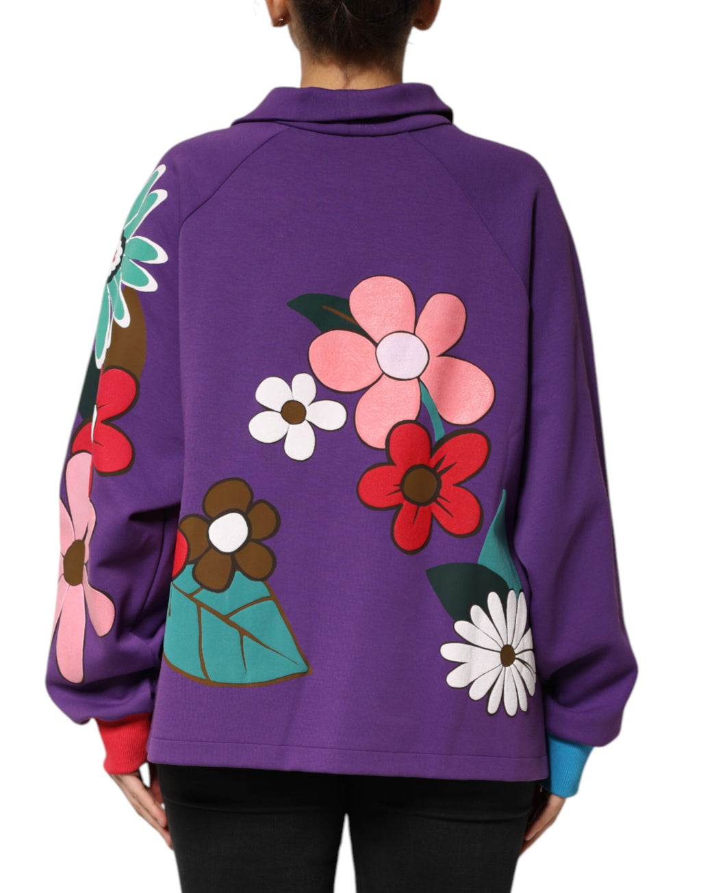 Purple Floral Print Cotton Long Sleeves Top