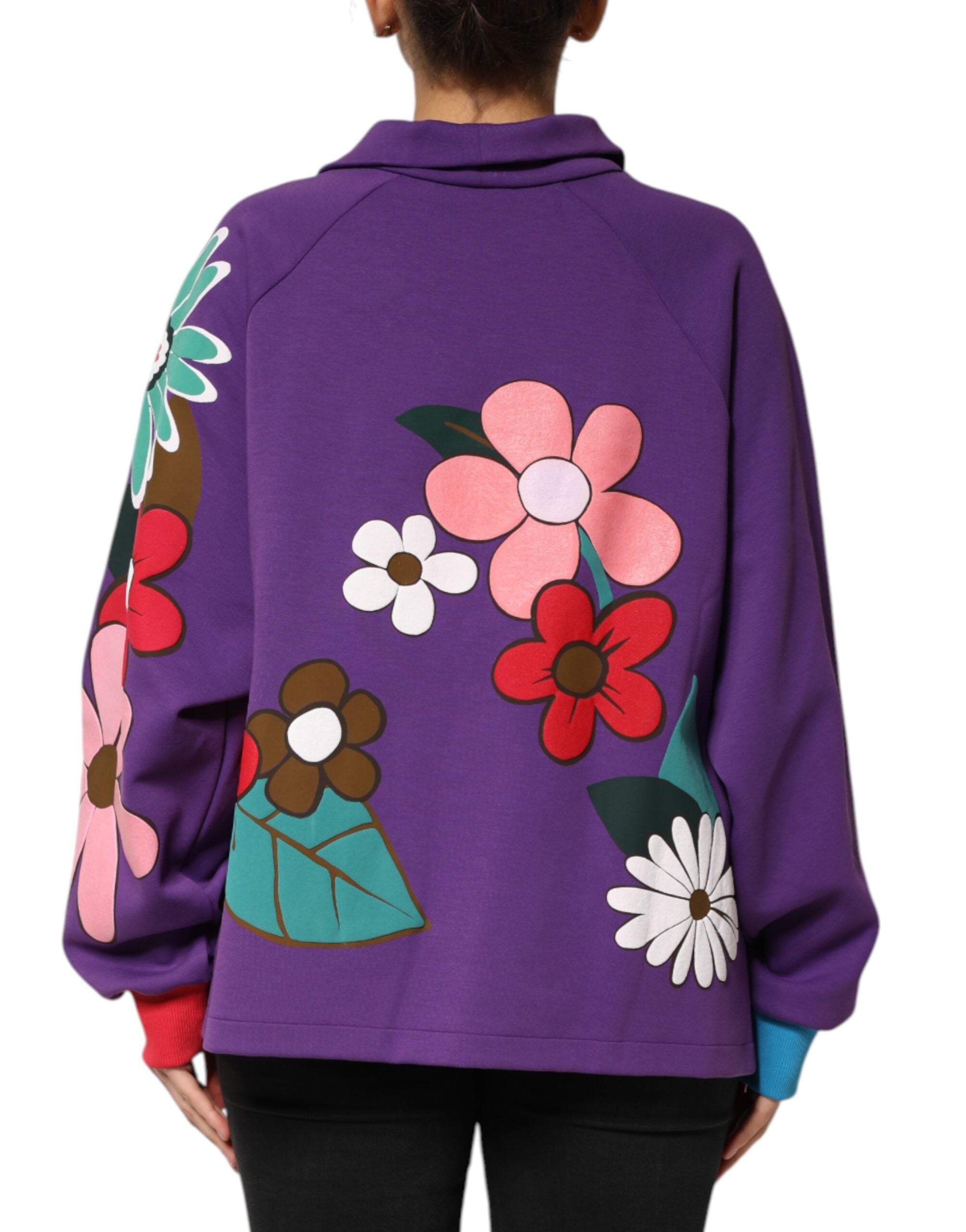 Purple Floral Print Cotton Long Sleeves Top