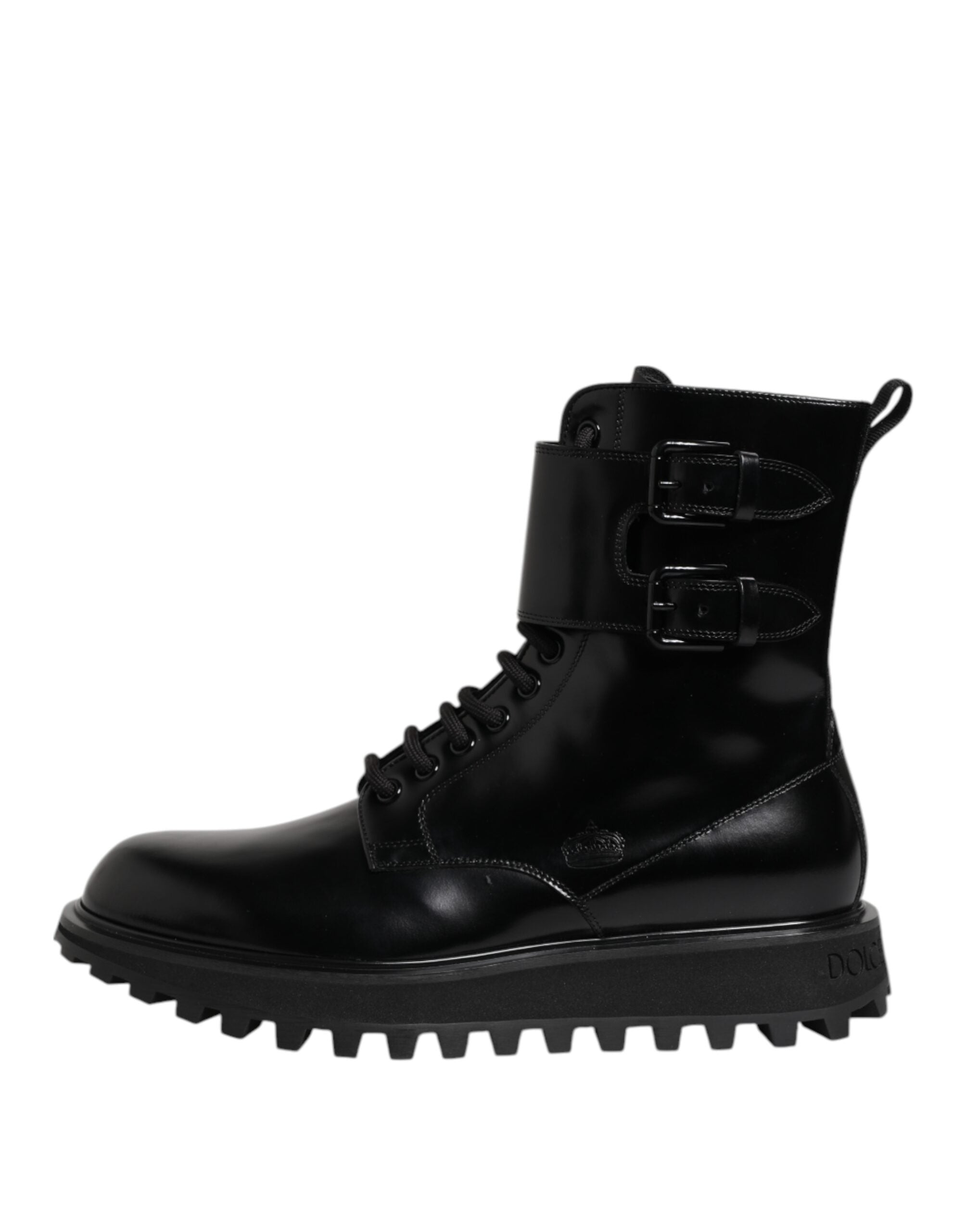 Black Leather Lace Up Mid Calf Boots Shoes